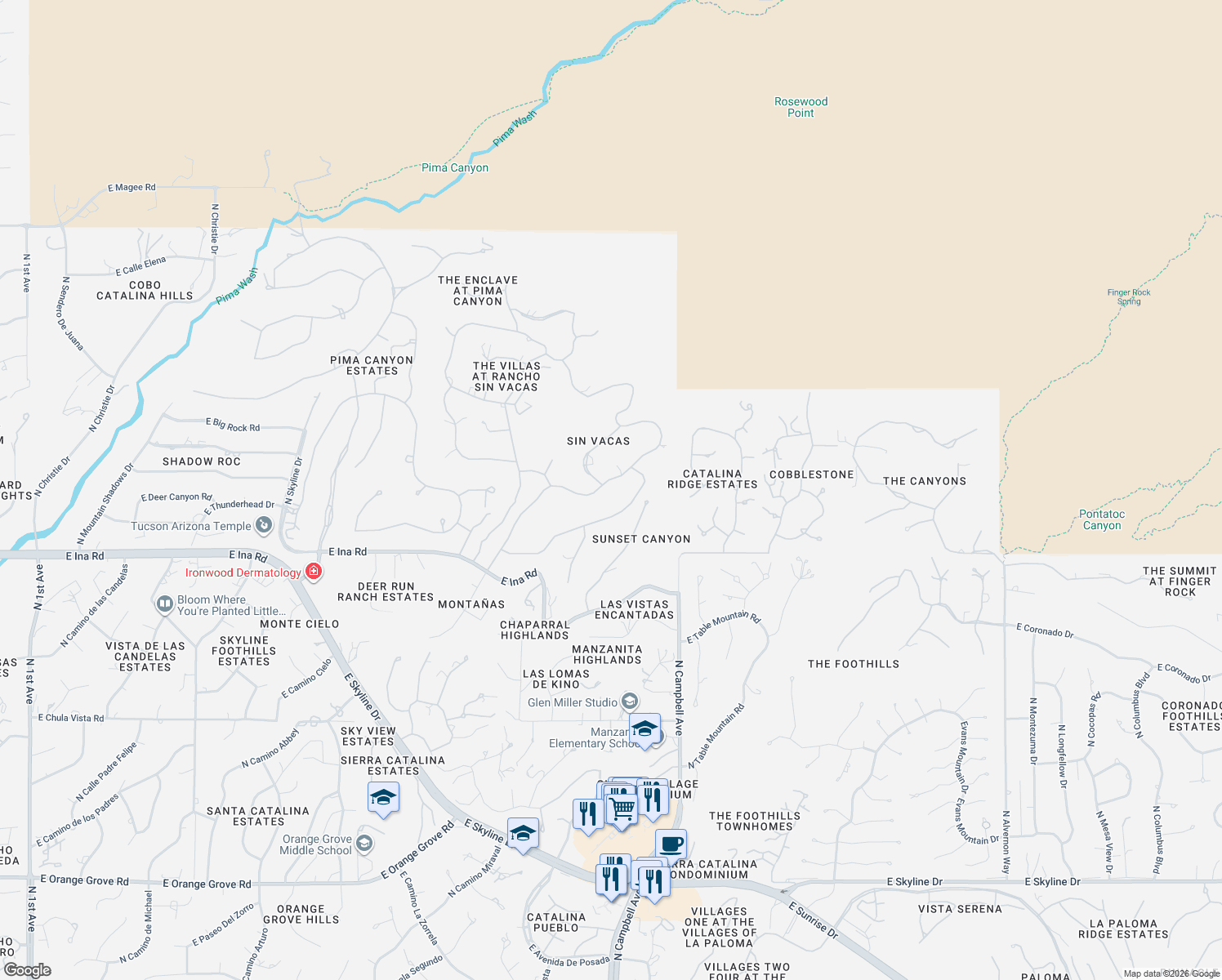 map of restaurants, bars, coffee shops, grocery stores, and more near 7364 North Camino Sin Vacas in Tucson