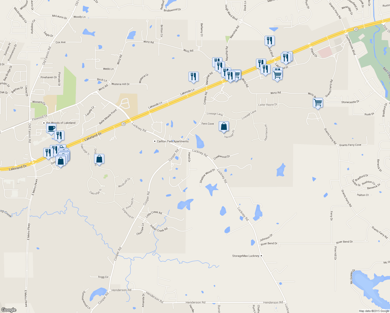map of restaurants, bars, coffee shops, grocery stores, and more near 571 Luckney Road in Brandon