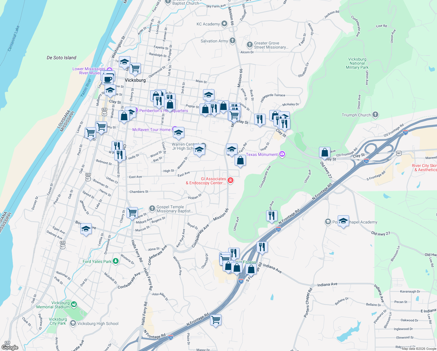 map of restaurants, bars, coffee shops, grocery stores, and more near 1823 Eisenhower Dr in Vicksburg