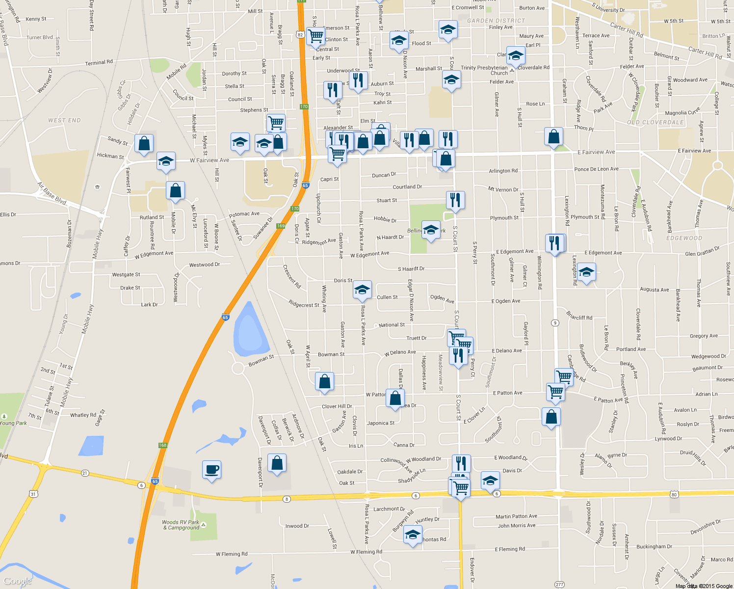 map of restaurants, bars, coffee shops, grocery stores, and more near 3525 Rosa L Parks Avenue in Montgomery