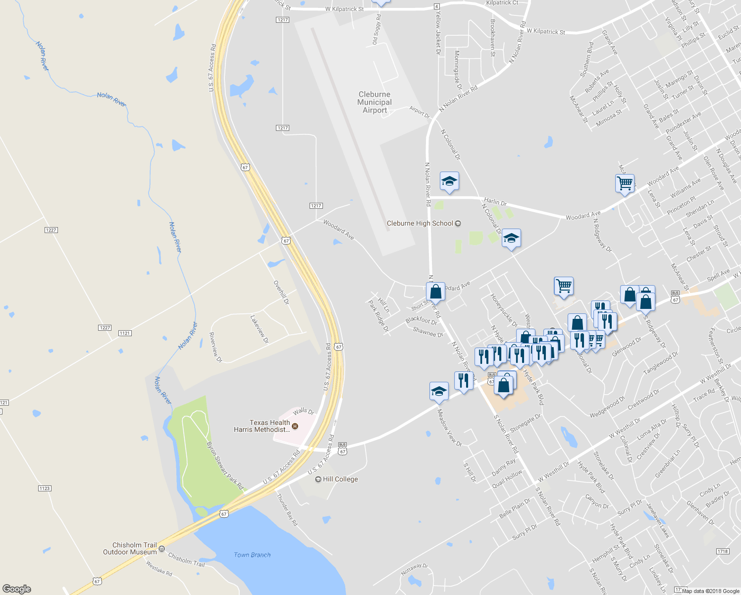 map of restaurants, bars, coffee shops, grocery stores, and more near 705 Wolf Creek in Cleburne