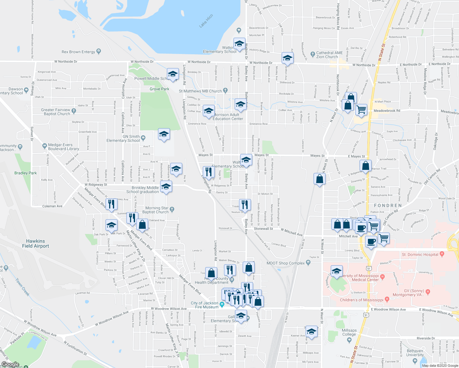 map of restaurants, bars, coffee shops, grocery stores, and more near 1106 W Ridgeway St in Jackson