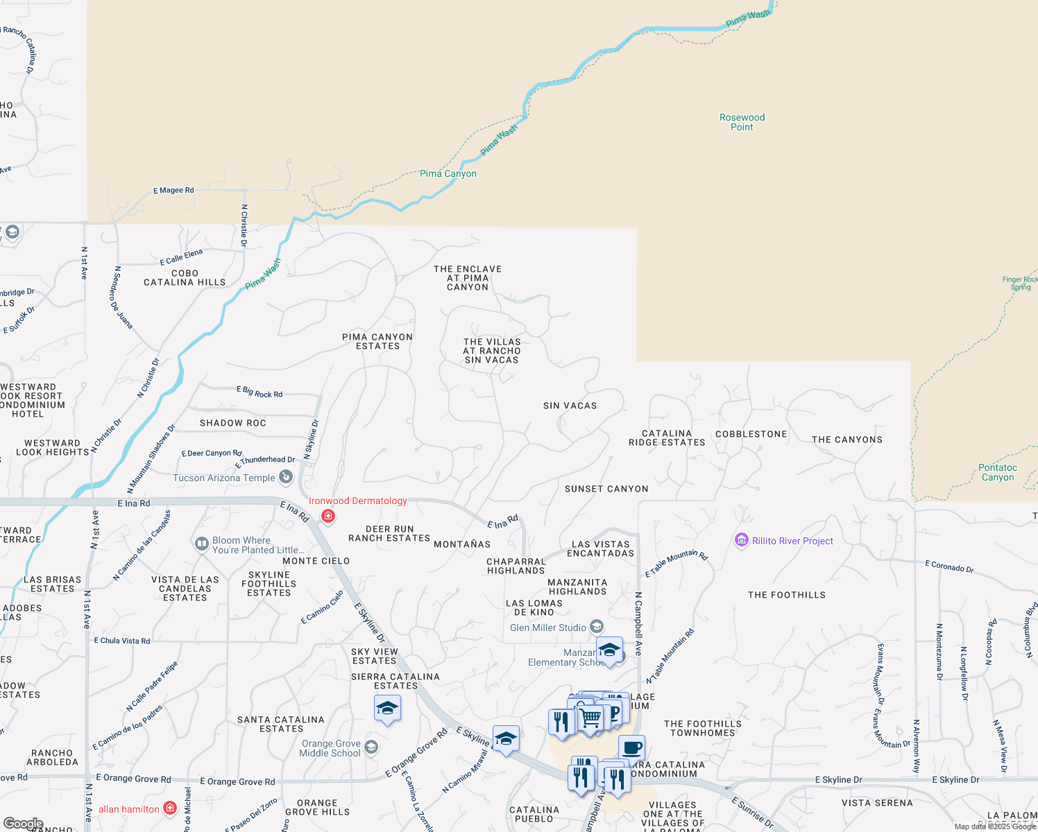 map of restaurants, bars, coffee shops, grocery stores, and more near 2575 East Corta Dei Fiori in Tucson