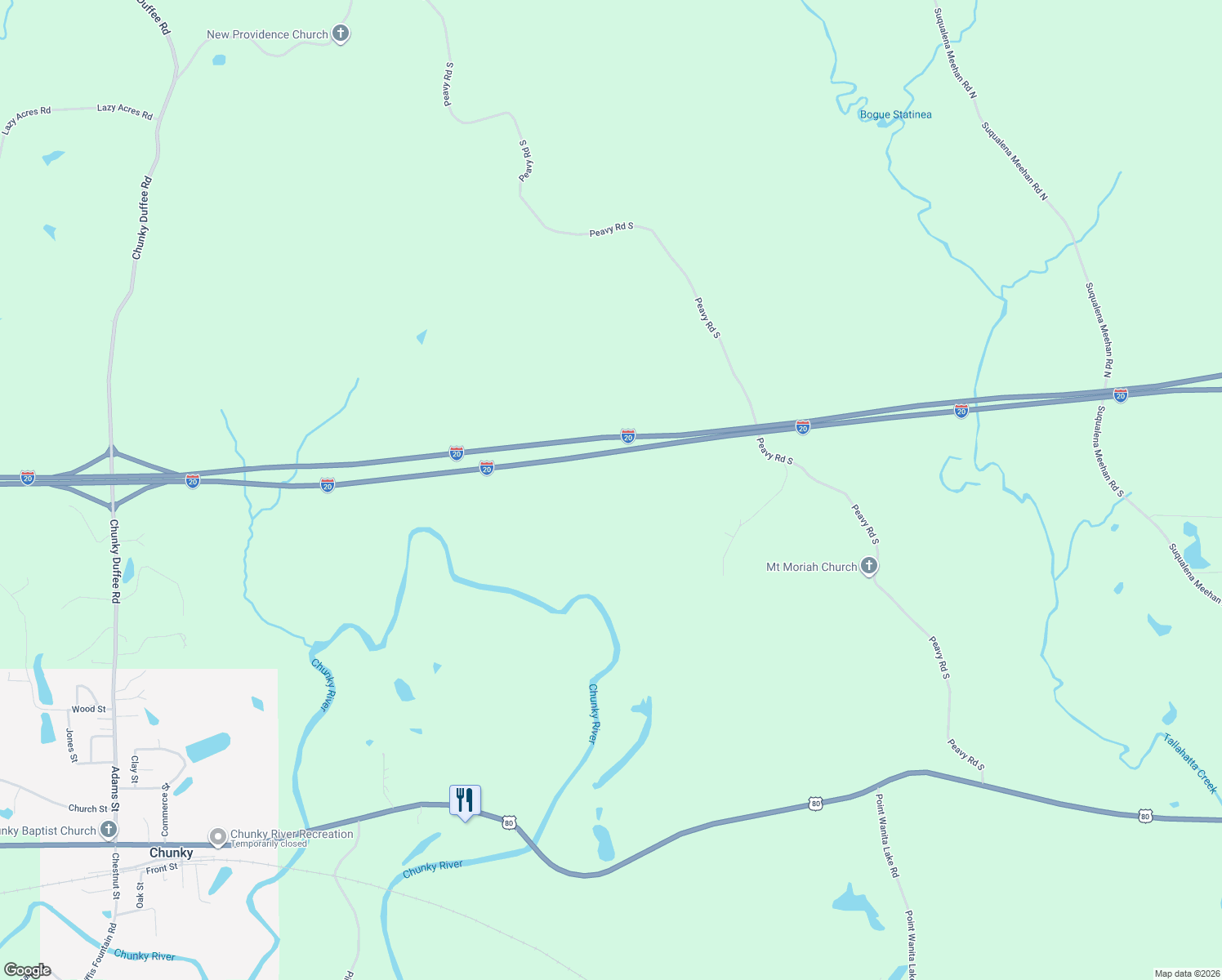 map of restaurants, bars, coffee shops, grocery stores, and more near 1992 Peavy Road South in Chunky