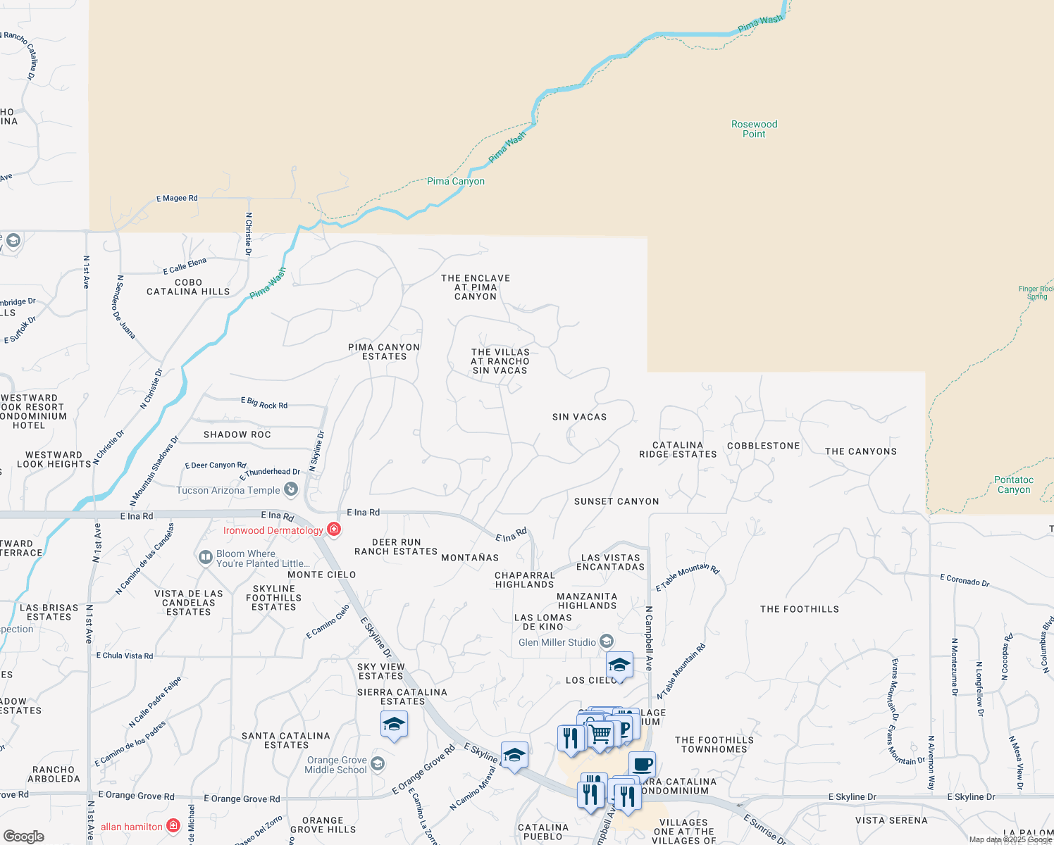 map of restaurants, bars, coffee shops, grocery stores, and more near 7500 North Calle Sin Envidia in Tucson