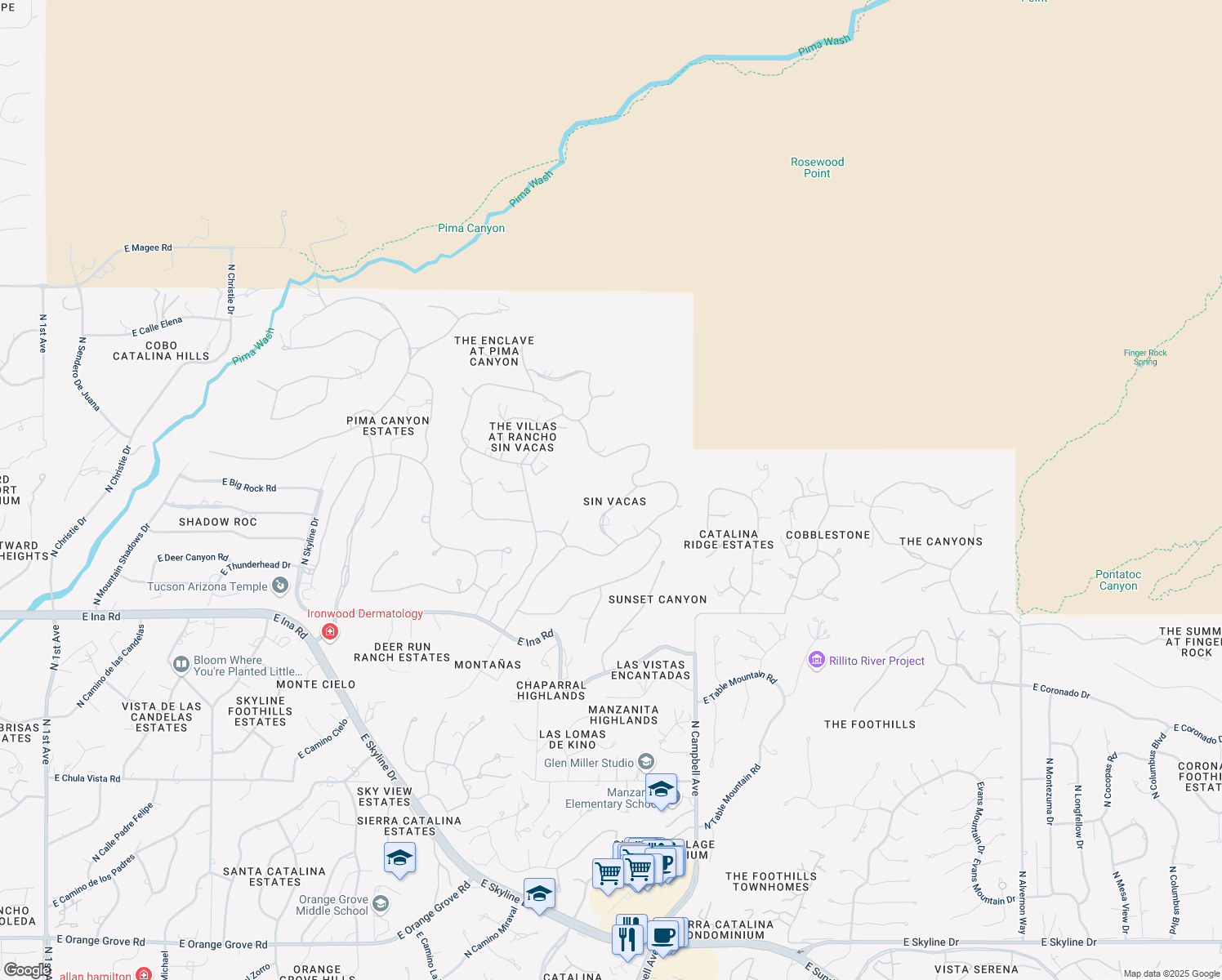 map of restaurants, bars, coffee shops, grocery stores, and more near 7465 North Calle Sin Celo in Tucson