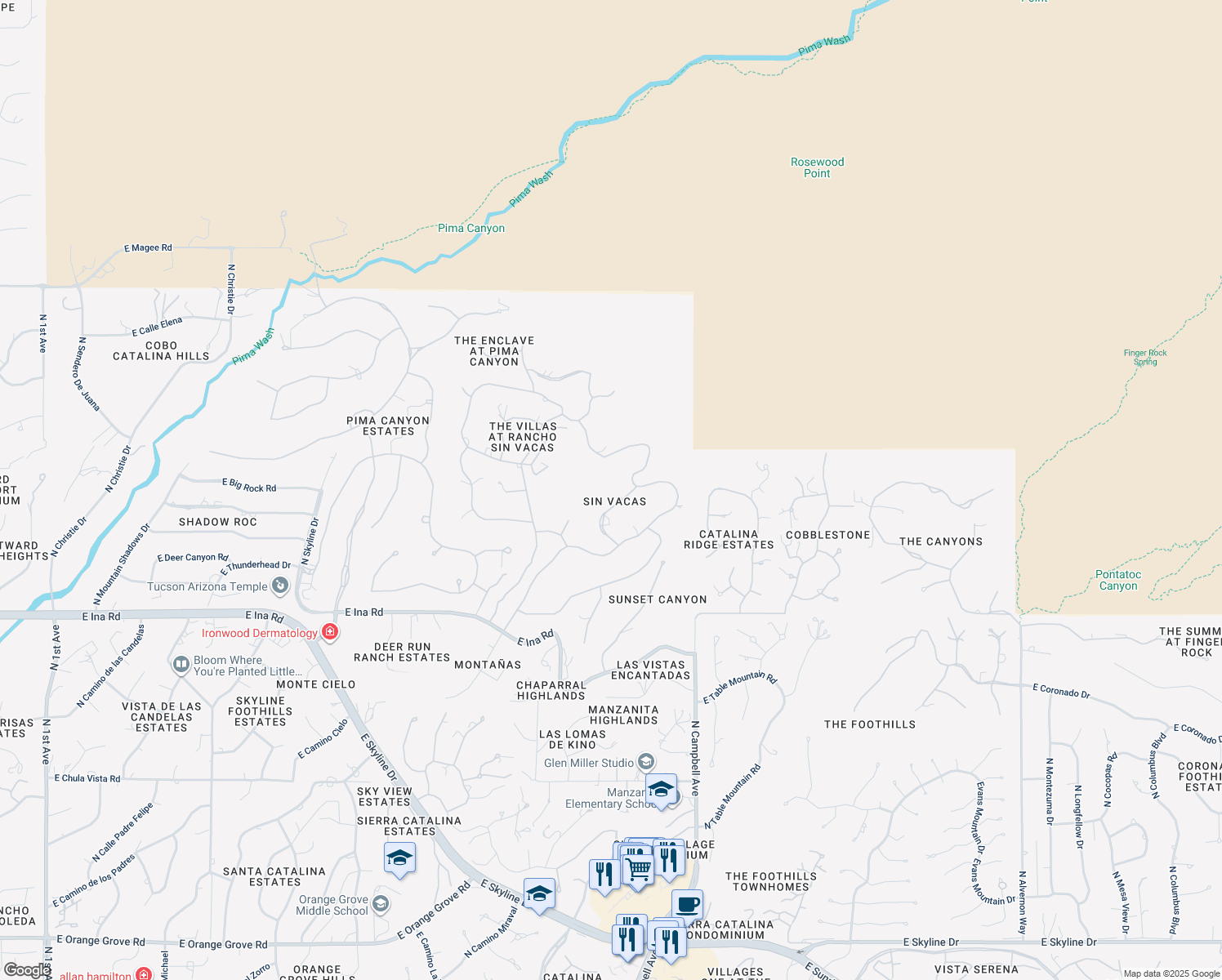map of restaurants, bars, coffee shops, grocery stores, and more near 7465 North Calle Sin Celo in Tucson