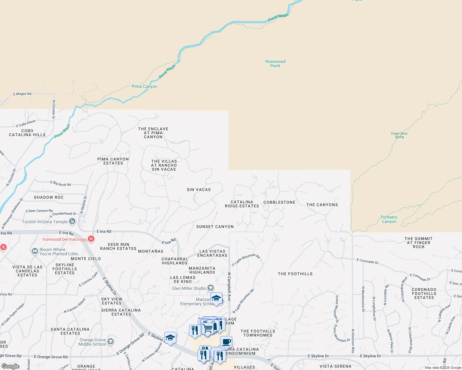 map of restaurants, bars, coffee shops, grocery stores, and more near 7481 North Moon Spirit Lane in Tucson