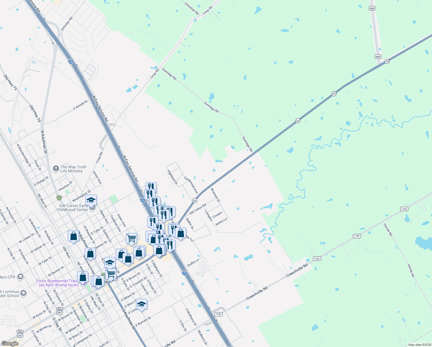map of restaurants, bars, coffee shops, grocery stores, and more near 2000 E Ennis Ave in Ennis