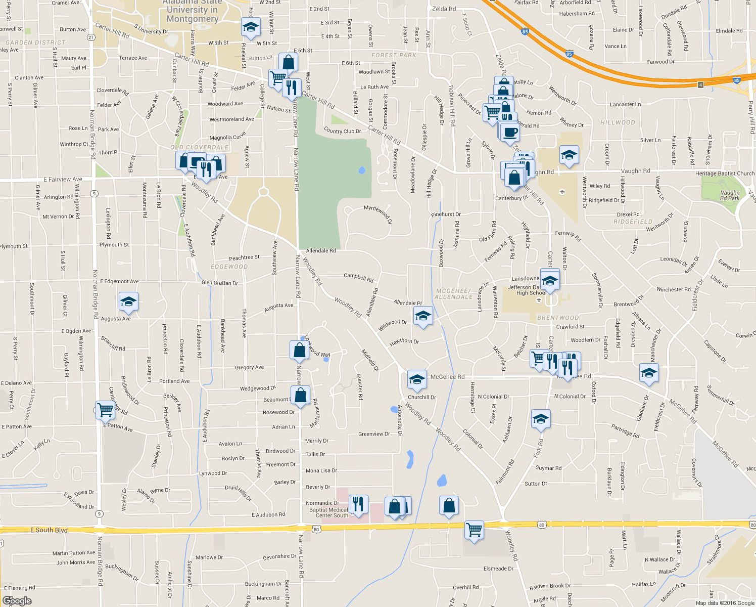 map of restaurants, bars, coffee shops, grocery stores, and more near 2235 Allendale Road in Montgomery