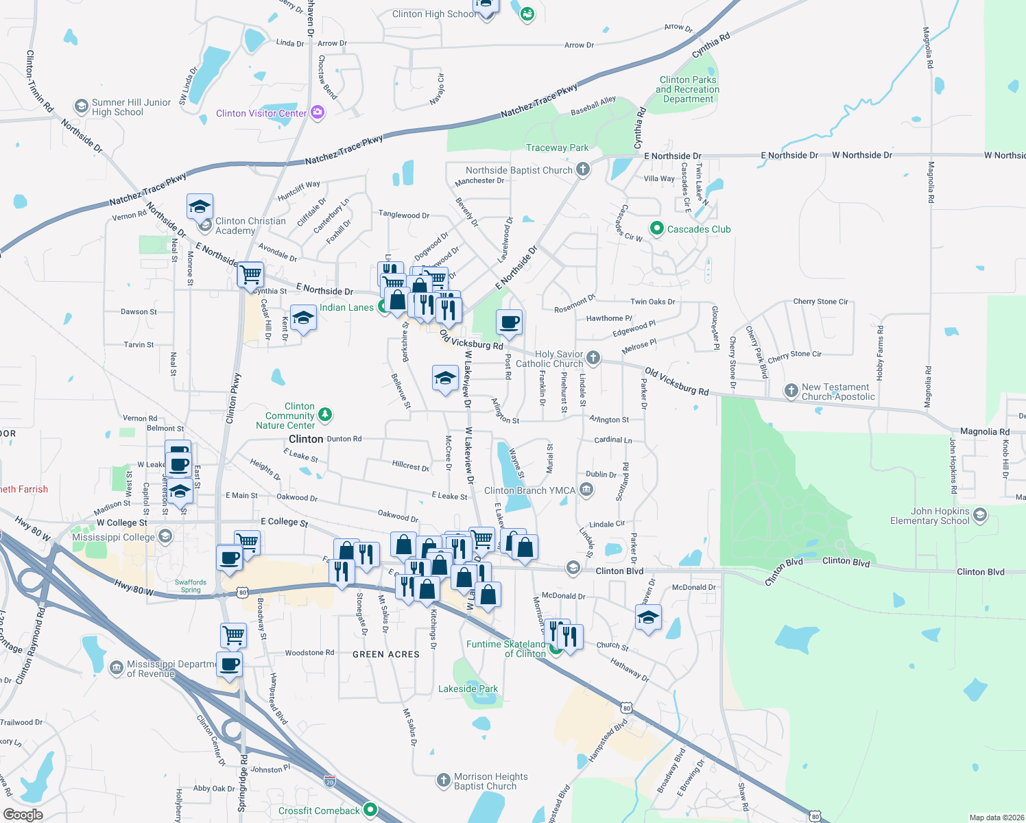 map of restaurants, bars, coffee shops, grocery stores, and more near 704 Tanglewood Dr in Clinton
