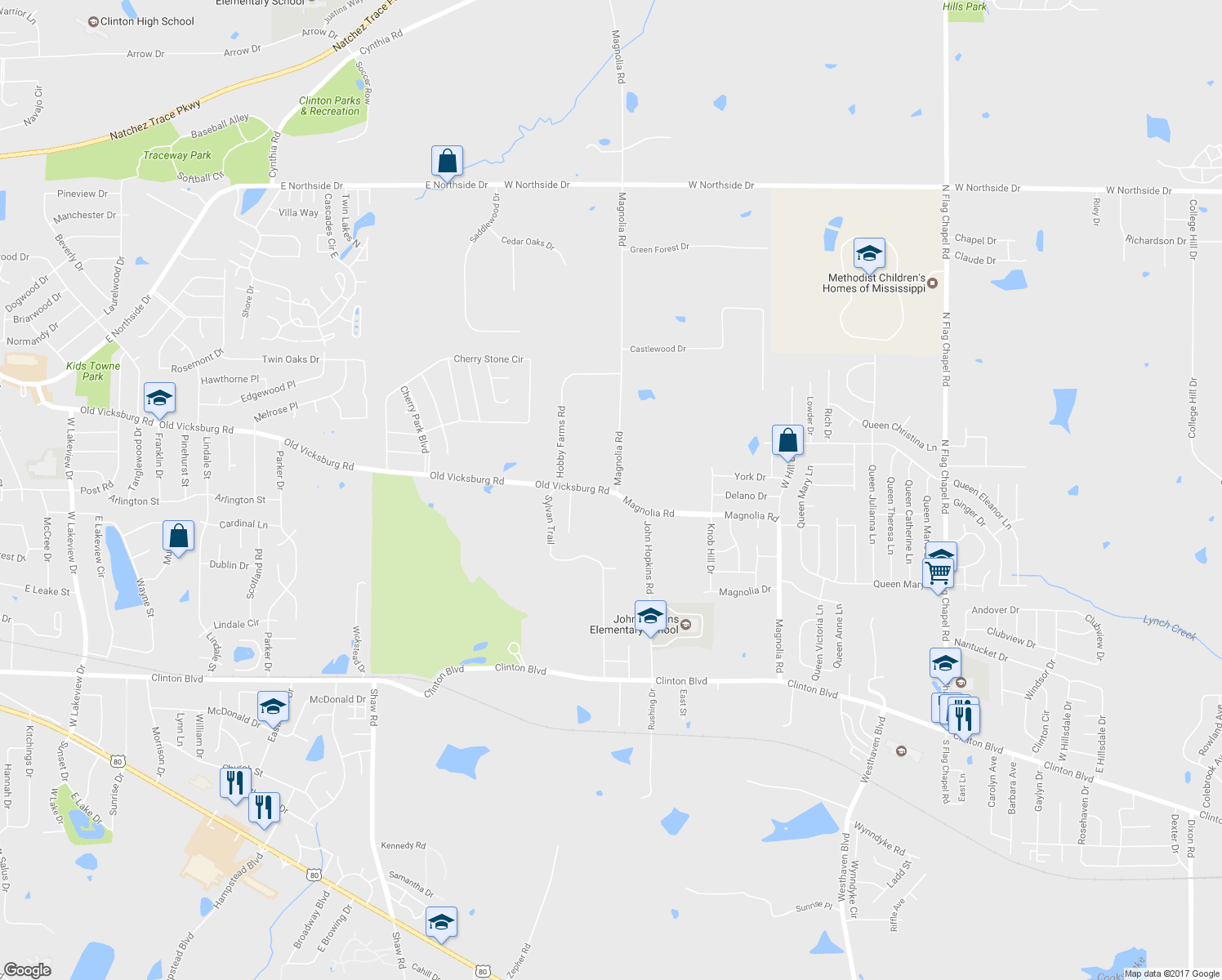 map of restaurants, bars, coffee shops, grocery stores, and more near 2229 Old Vicksburg Road in Clinton