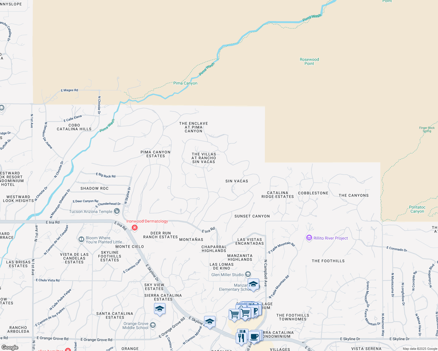 map of restaurants, bars, coffee shops, grocery stores, and more near 2640 East Via Corta Digioia in Tucson