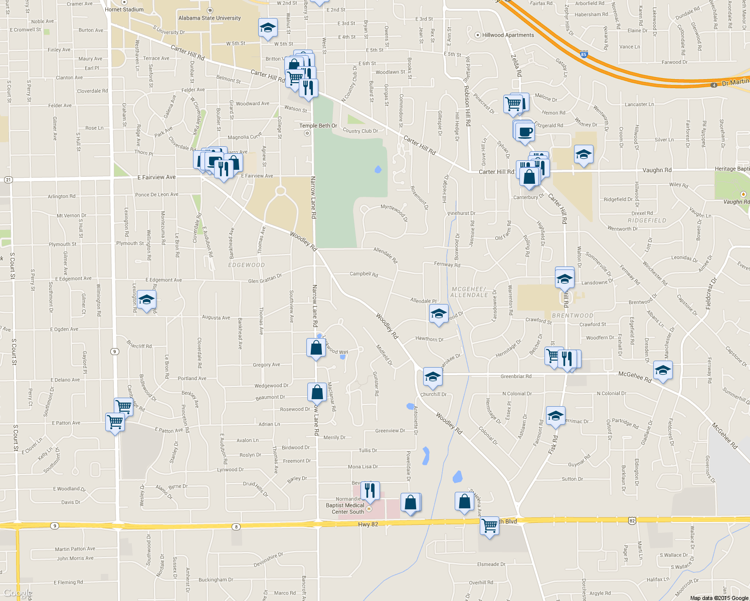 map of restaurants, bars, coffee shops, grocery stores, and more near 2179 Woodley Rd in Montgomery