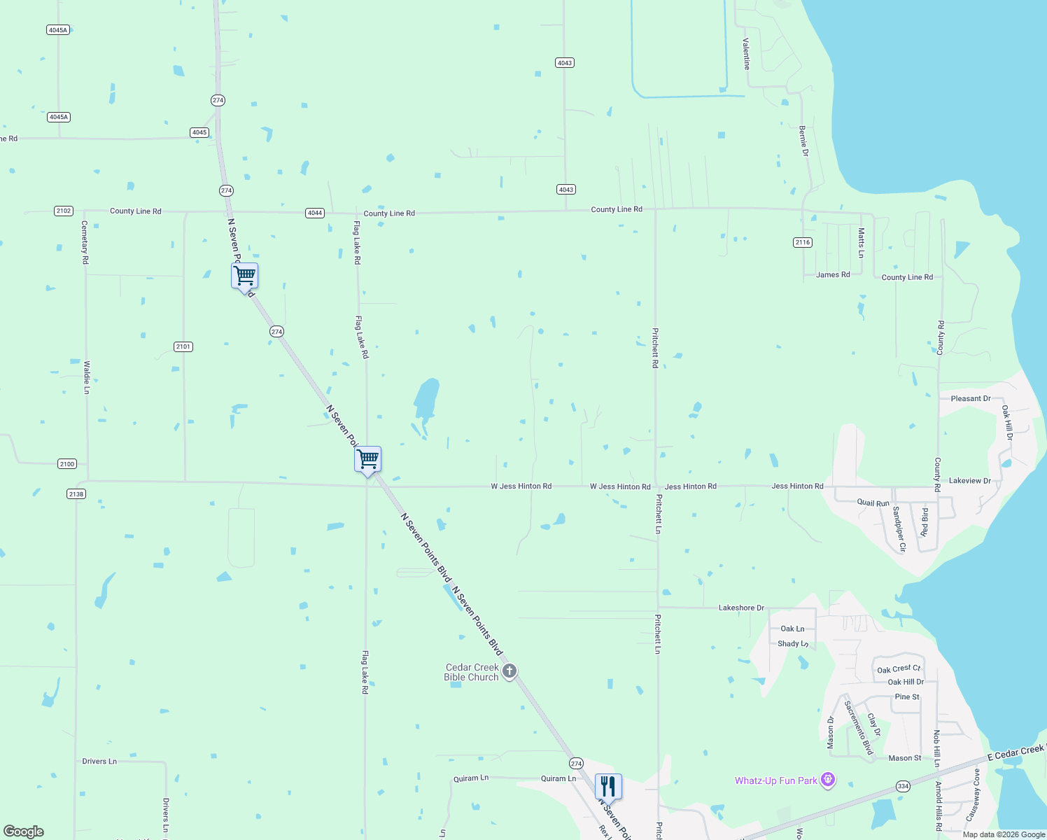 map of restaurants, bars, coffee shops, grocery stores, and more near 1412 Timber Creek Drive in Kemp