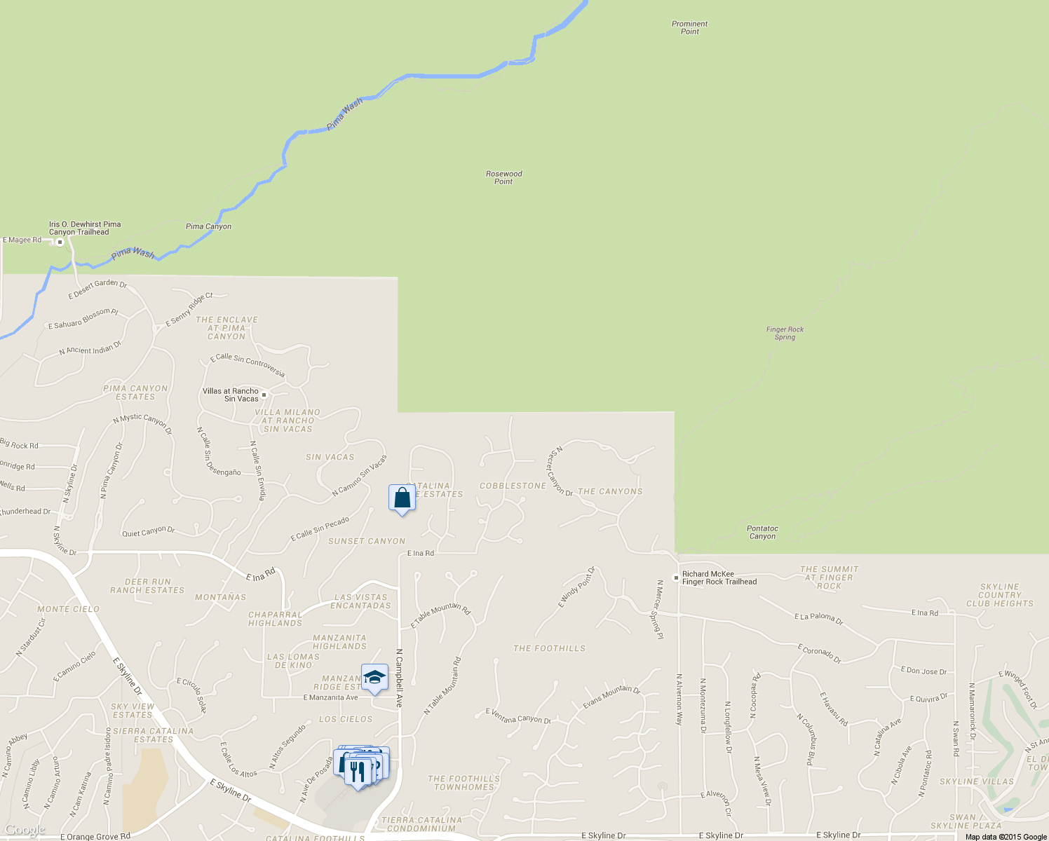 map of restaurants, bars, coffee shops, grocery stores, and more near 7570 North Cobblestone Road in Tucson
