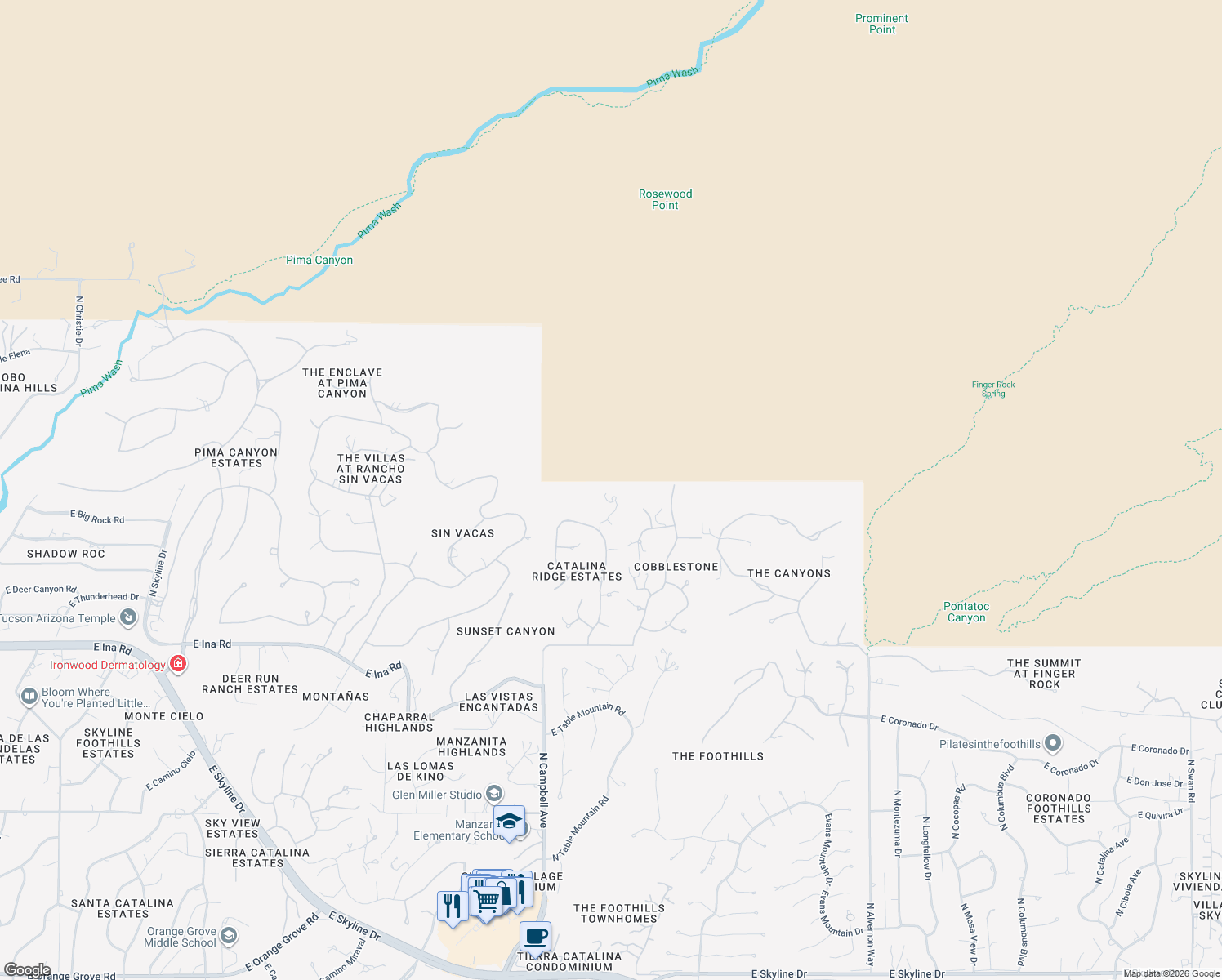 map of restaurants, bars, coffee shops, grocery stores, and more near 7474 North Catalina Ridge Drive in Tucson