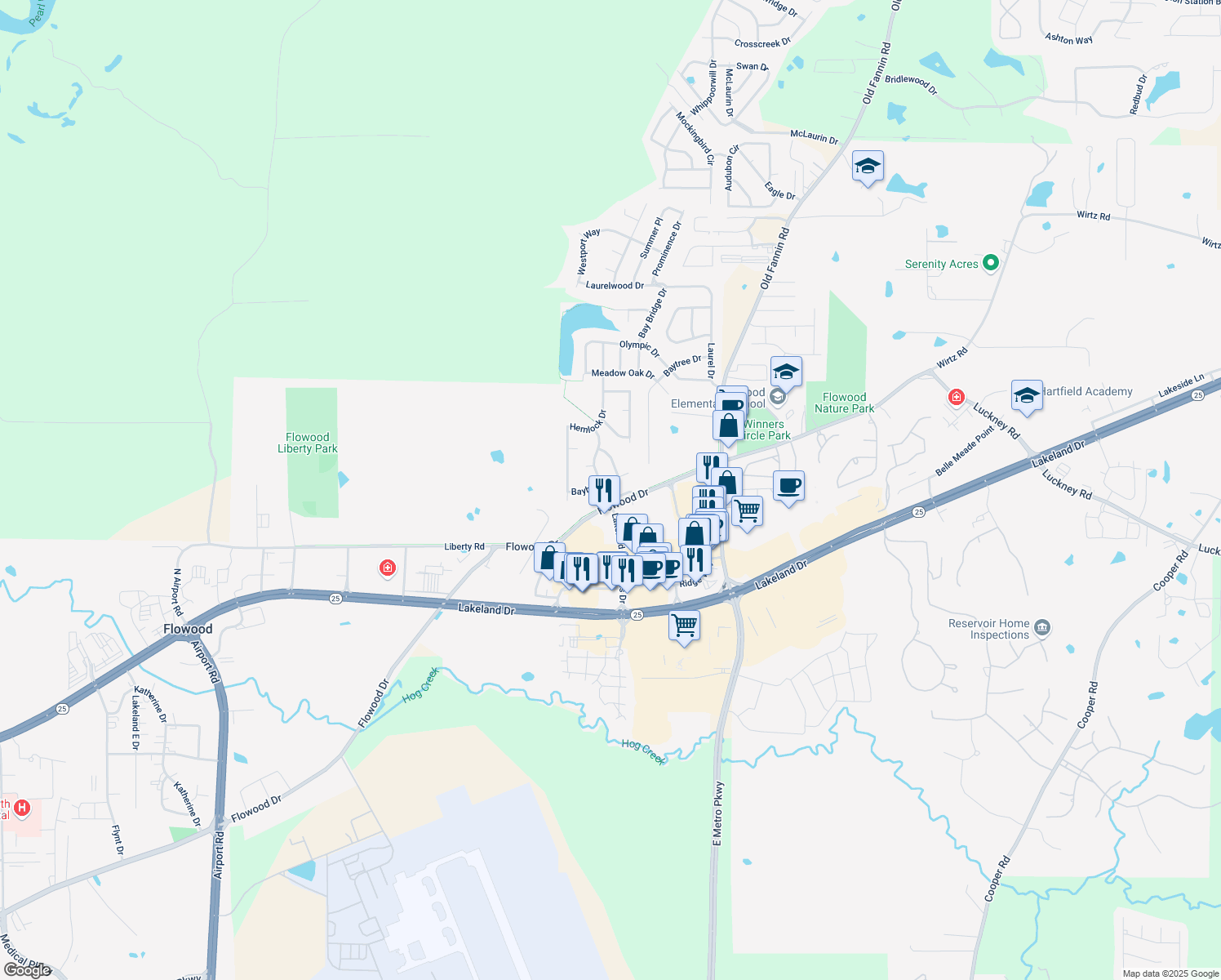 map of restaurants, bars, coffee shops, grocery stores, and more near 2004 Bayberry Drive in Flowood