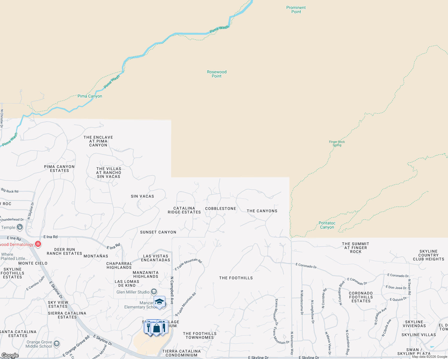 map of restaurants, bars, coffee shops, grocery stores, and more near 7570 North Cobblestone Road in Tucson