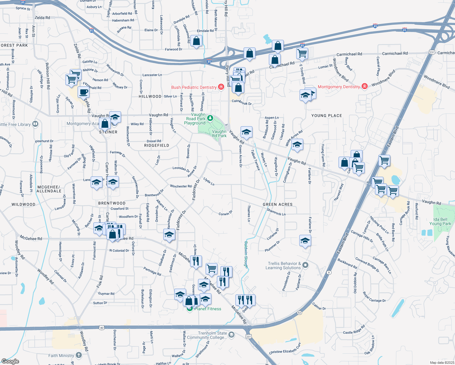 map of restaurants, bars, coffee shops, grocery stores, and more near 3857 Llyde Ln in Montgomery