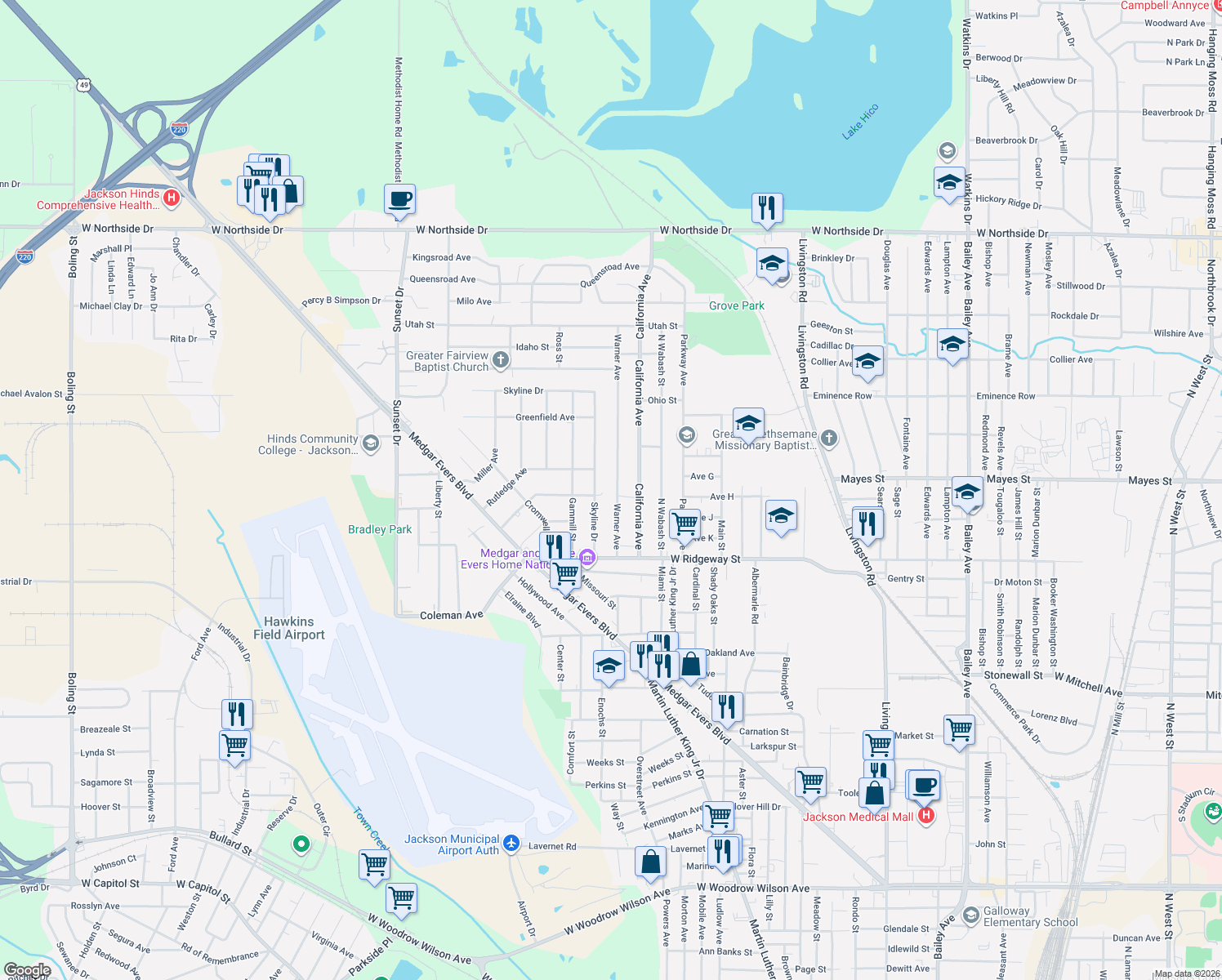 map of restaurants, bars, coffee shops, grocery stores, and more near 3807 Warner Ave in Jackson