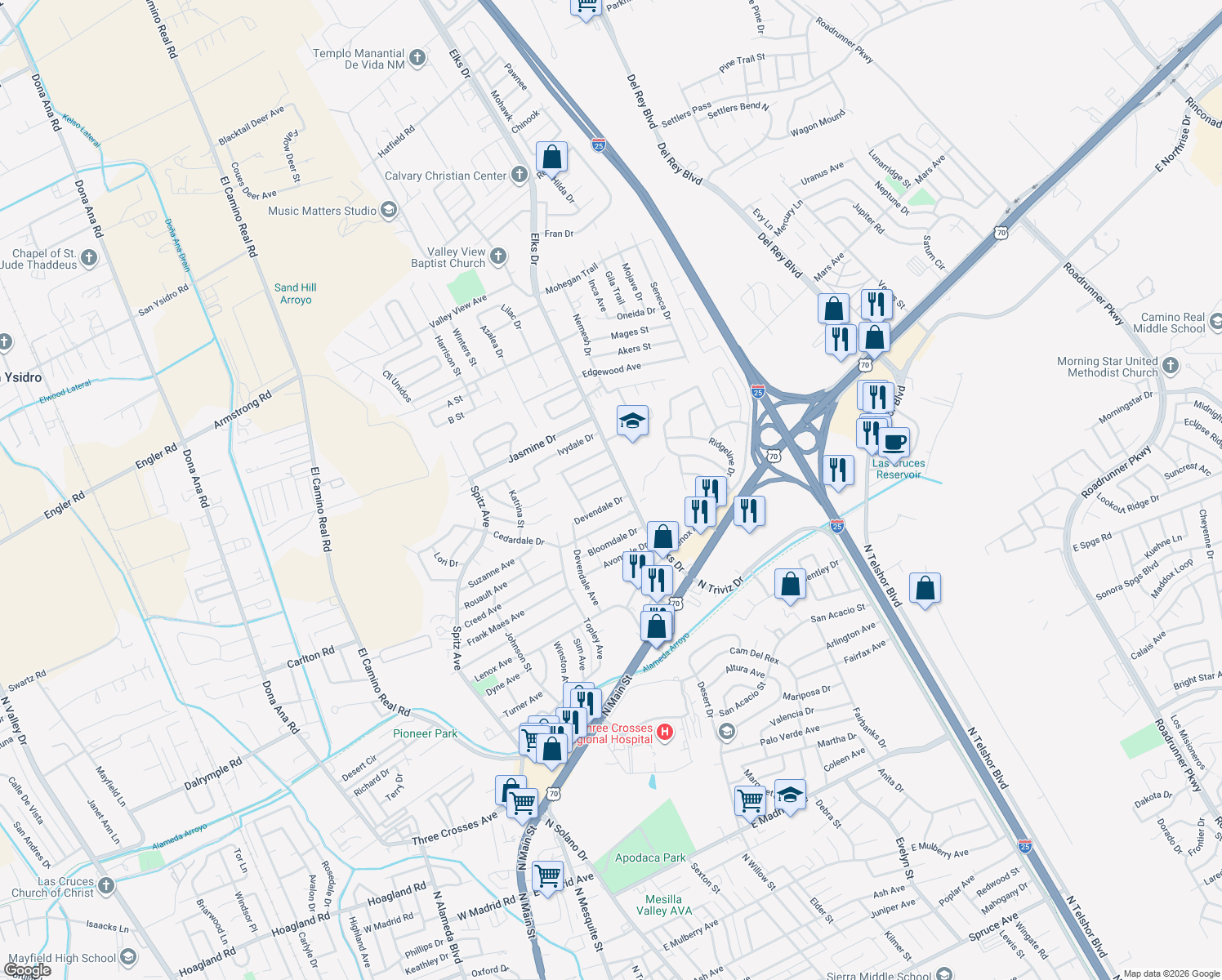 map of restaurants, bars, coffee shops, grocery stores, and more near 1012 Ellendale Drive in Las Cruces