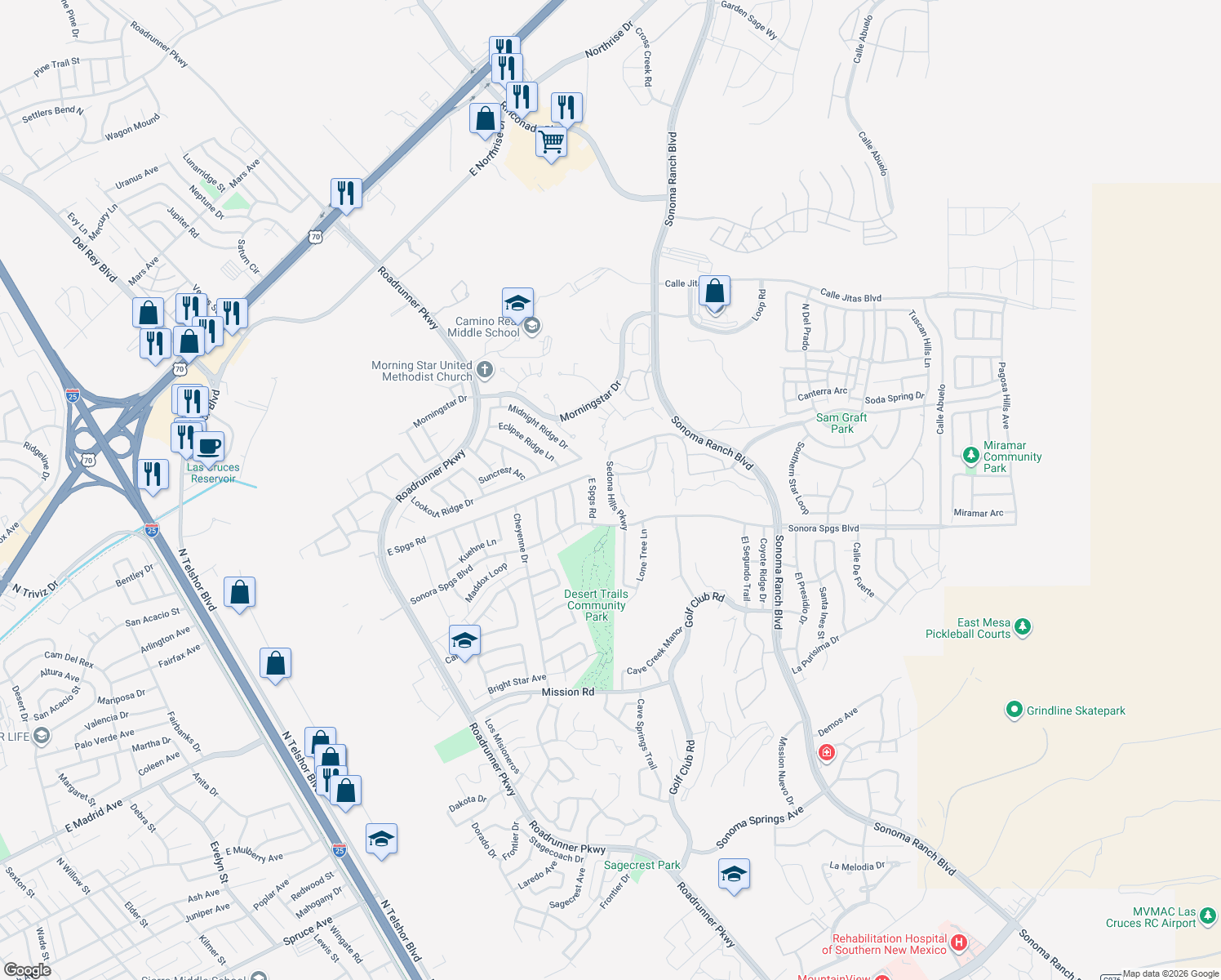 map of restaurants, bars, coffee shops, grocery stores, and more near 2077 Sedona Hills Pkwy in Las Cruces