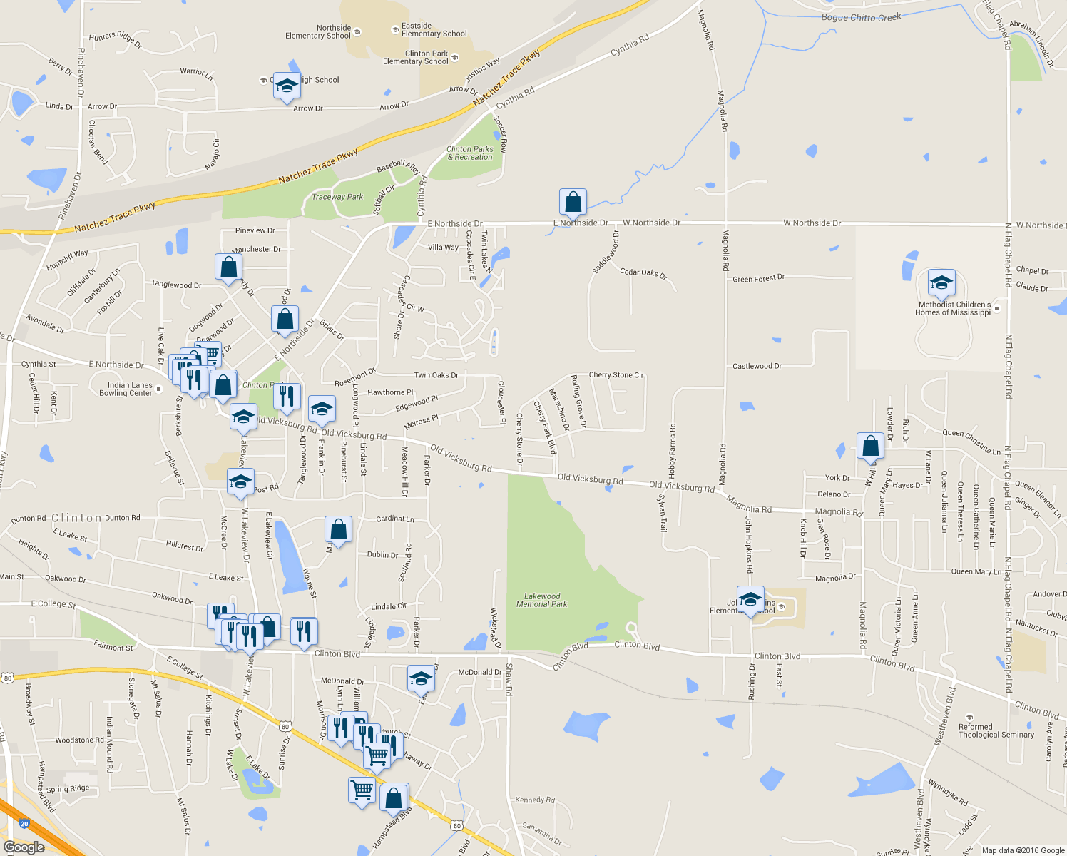 map of restaurants, bars, coffee shops, grocery stores, and more near 115 Olivet Court in Clinton
