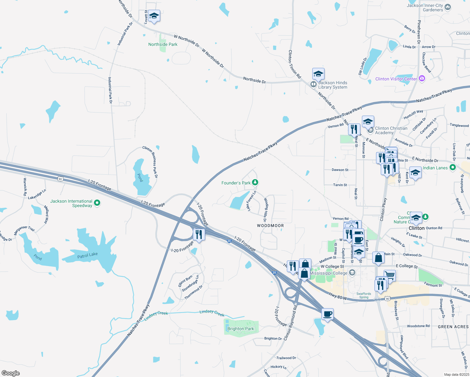 map of restaurants, bars, coffee shops, grocery stores, and more near 107 Burnt Leaf Way in Clinton
