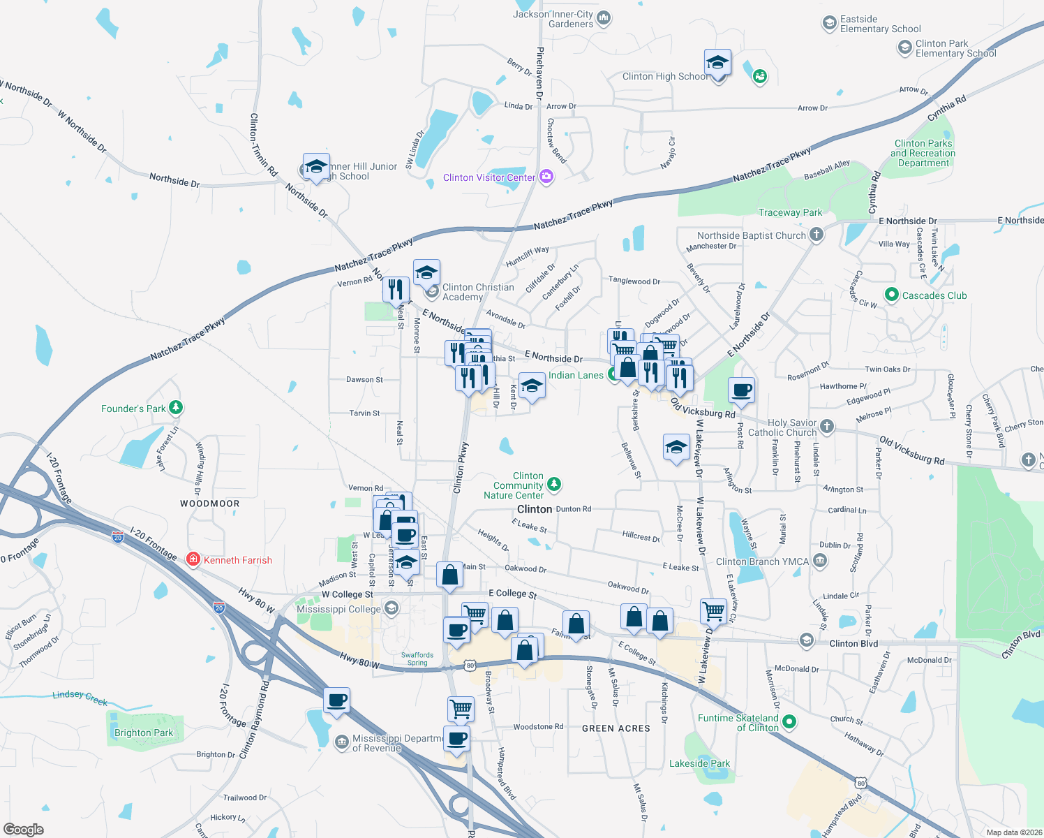 map of restaurants, bars, coffee shops, grocery stores, and more near 402 Oakhill Cir in Clinton