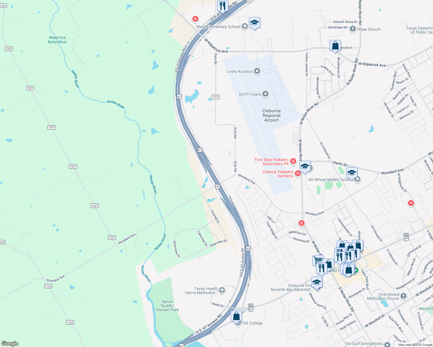 map of restaurants, bars, coffee shops, grocery stores, and more near U.S. 67 Access Road in Cleburne