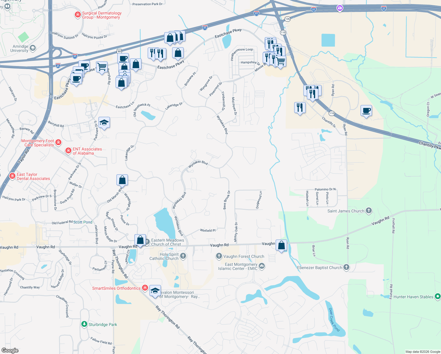 map of restaurants, bars, coffee shops, grocery stores, and more near Dunwoody Pl in Montgomery