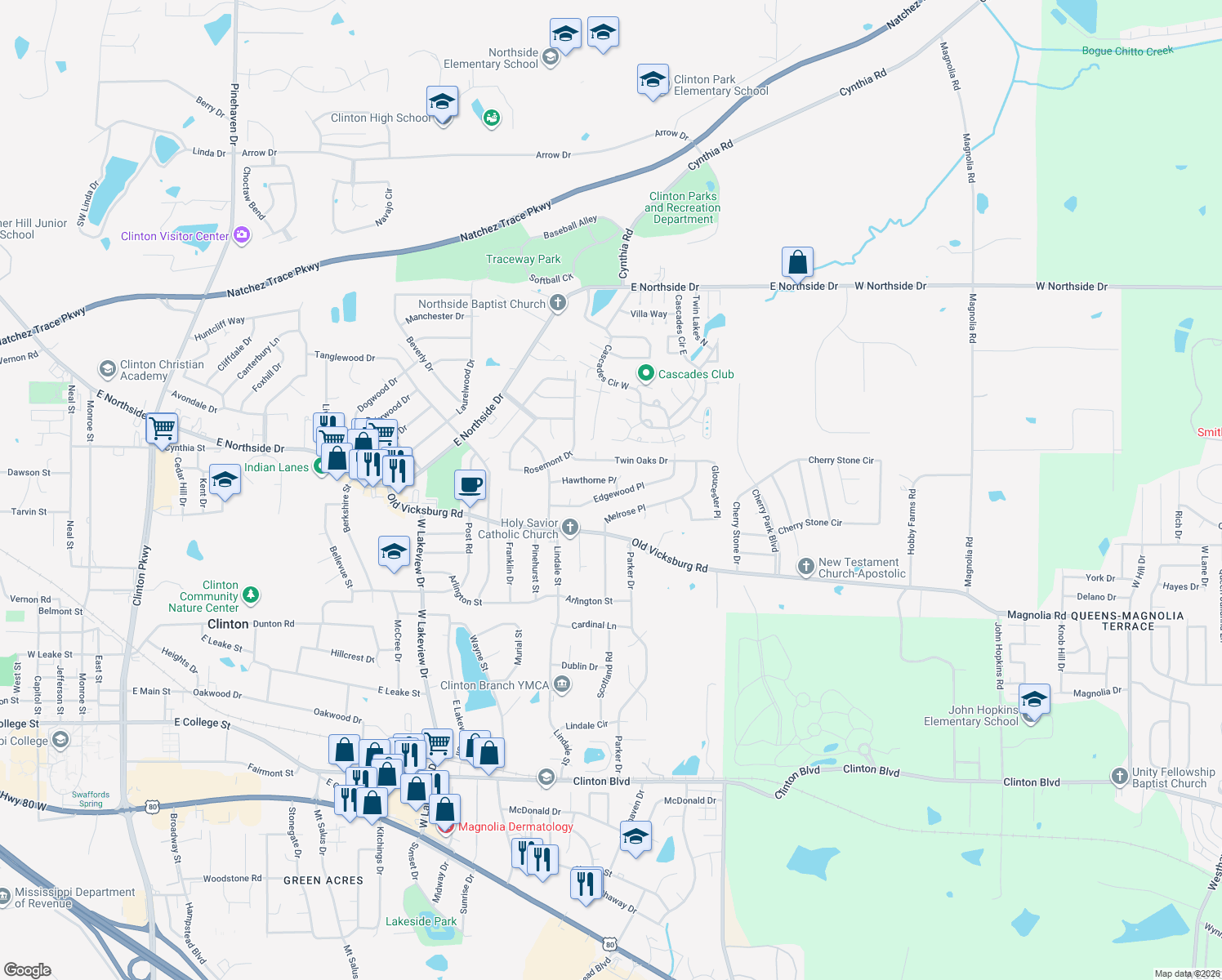 map of restaurants, bars, coffee shops, grocery stores, and more near 1517 Edgewood Place in Clinton