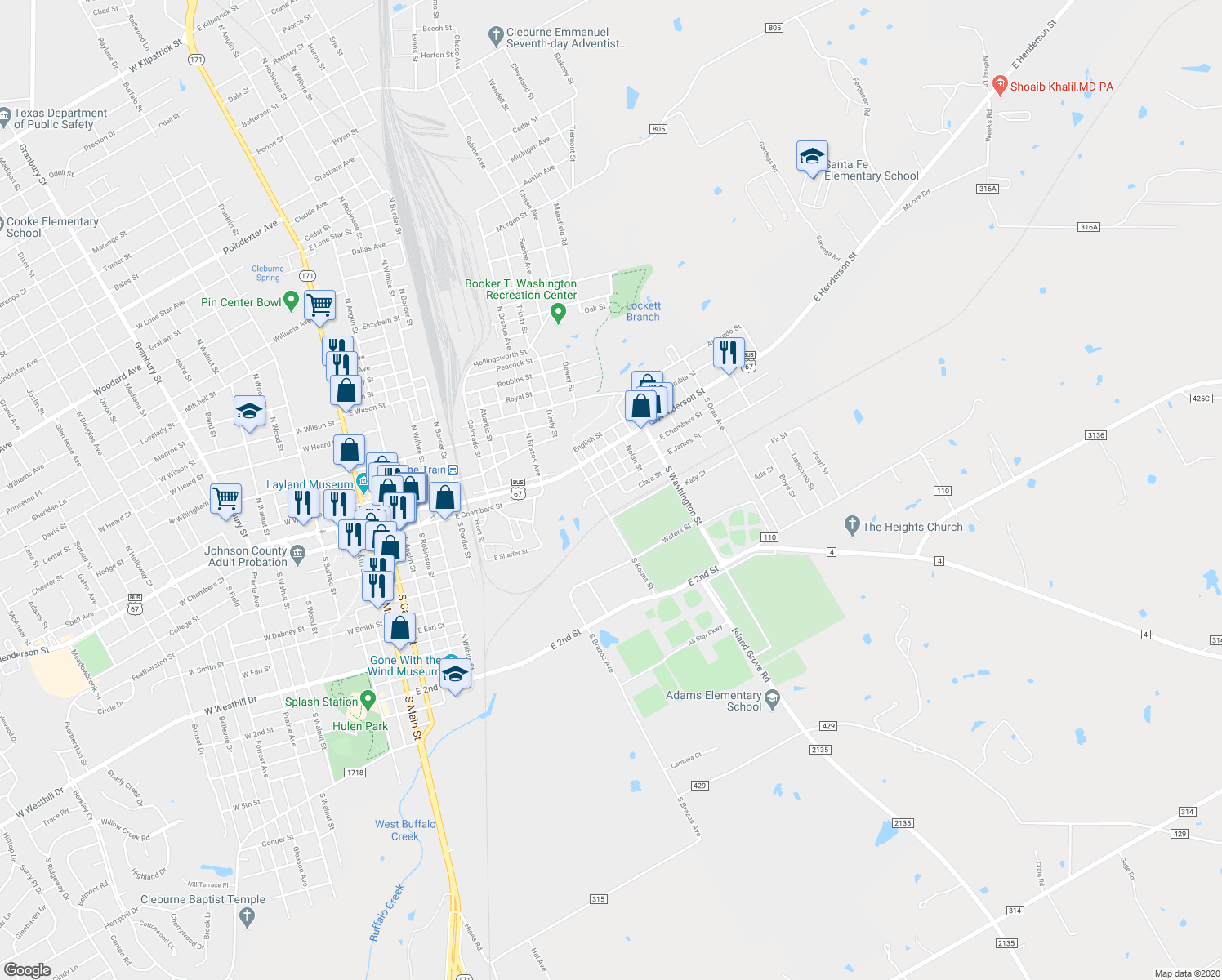 map of restaurants, bars, coffee shops, grocery stores, and more near 814 East James Street in Cleburne