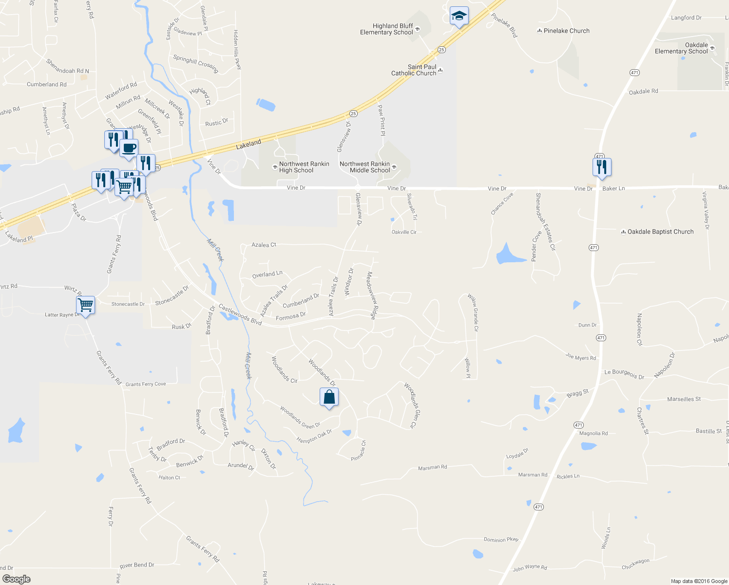 map of restaurants, bars, coffee shops, grocery stores, and more near 109 Meadowview Ridge in Brandon