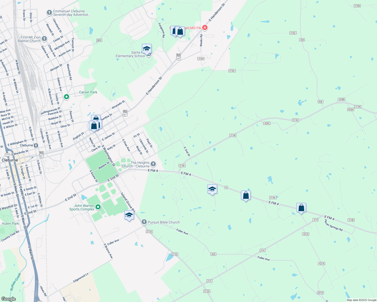map of restaurants, bars, coffee shops, grocery stores, and more near 1809 E 2nd St in Cleburne
