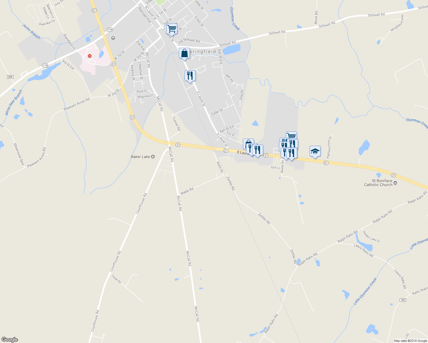 map of restaurants, bars, coffee shops, grocery stores, and more near 351 Webb Road in Springfield