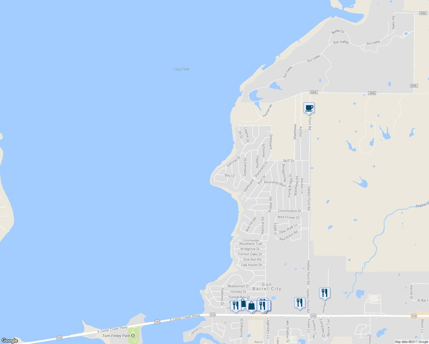 map of restaurants, bars, coffee shops, grocery stores, and more near 253 Admiral Drive in Gun Barrel City