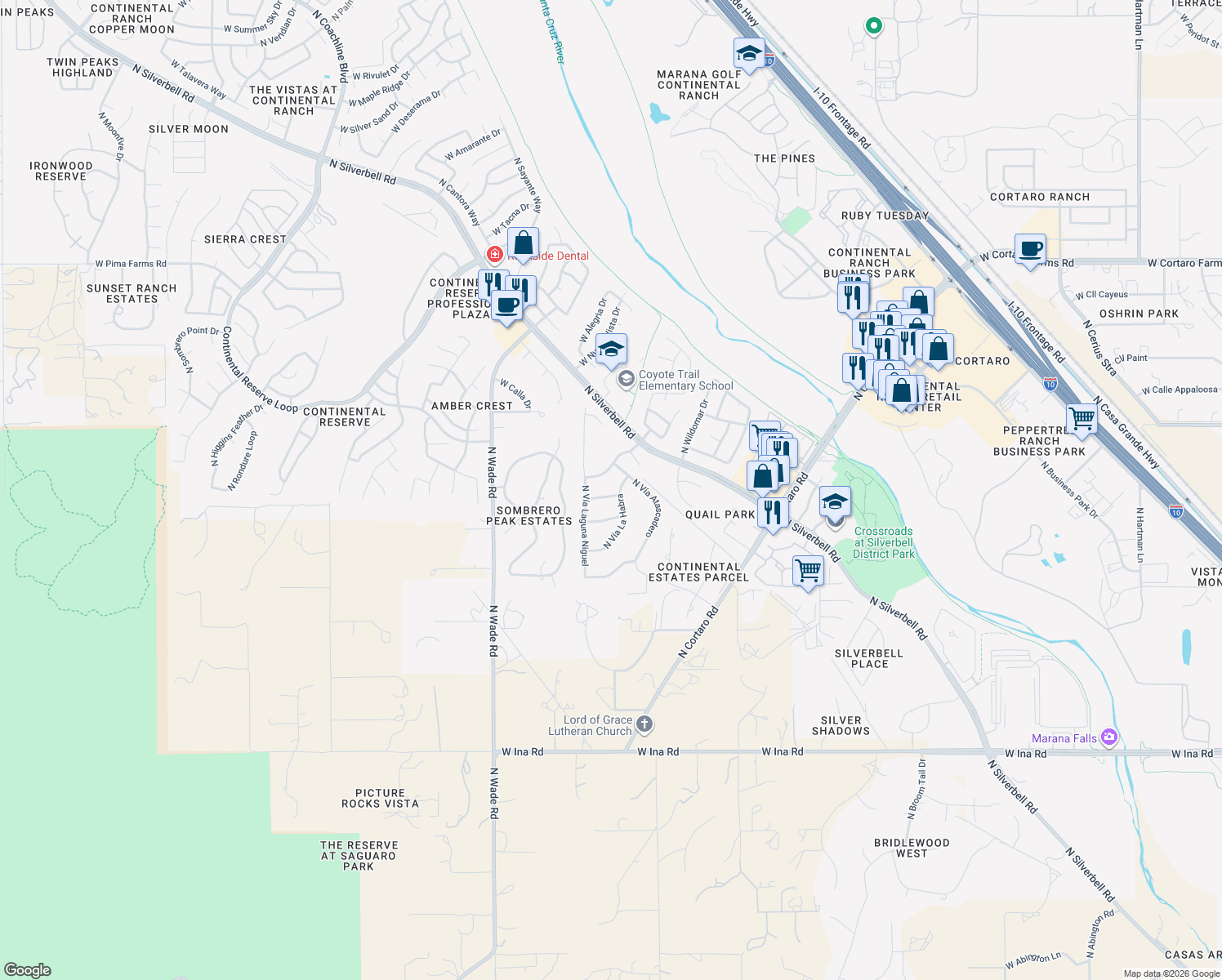 map of restaurants, bars, coffee shops, grocery stores, and more near 6706 West Calle Valerio in Tucson