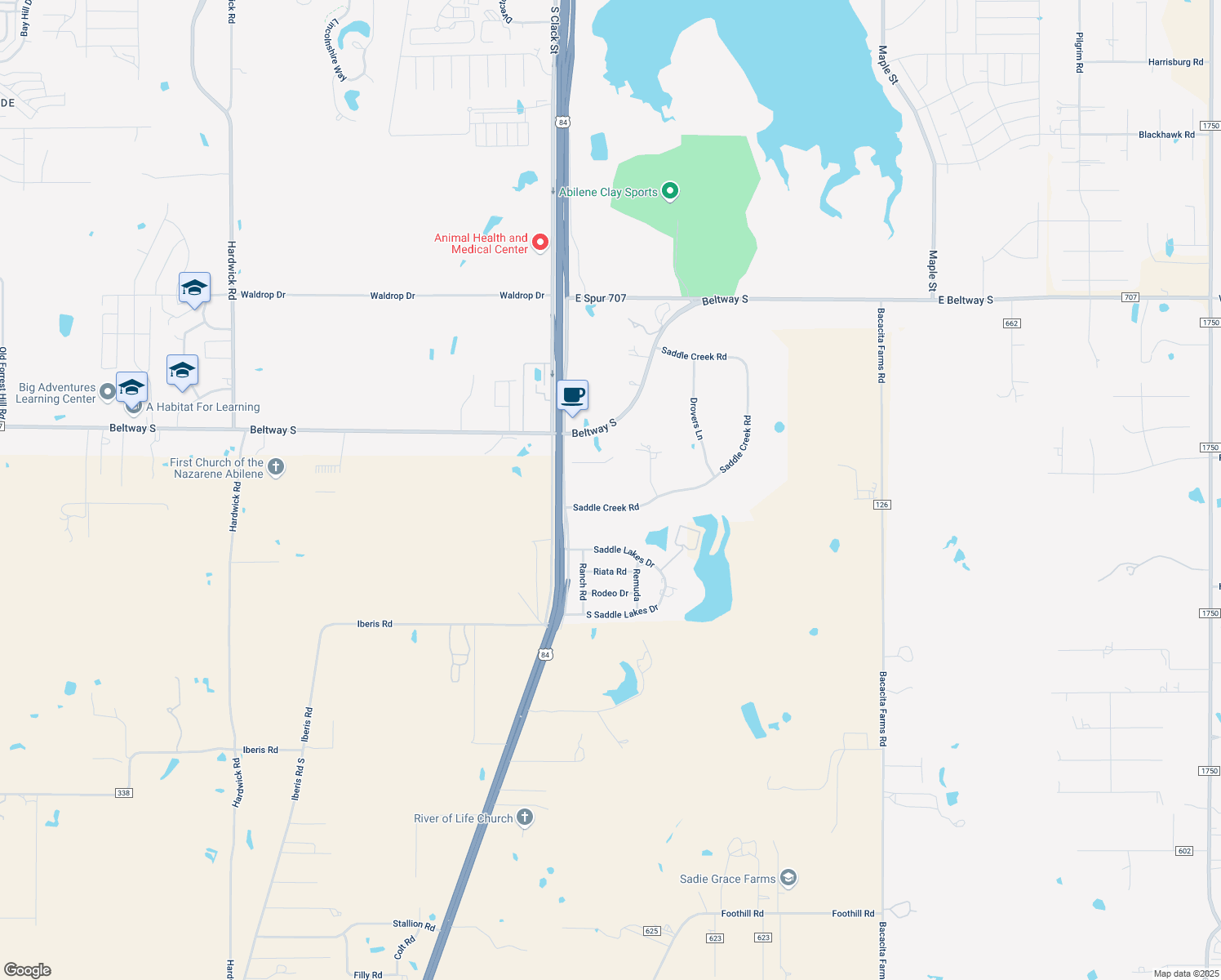 map of restaurants, bars, coffee shops, grocery stores, and more near 8534 Saddle Creek Rd in Abilene