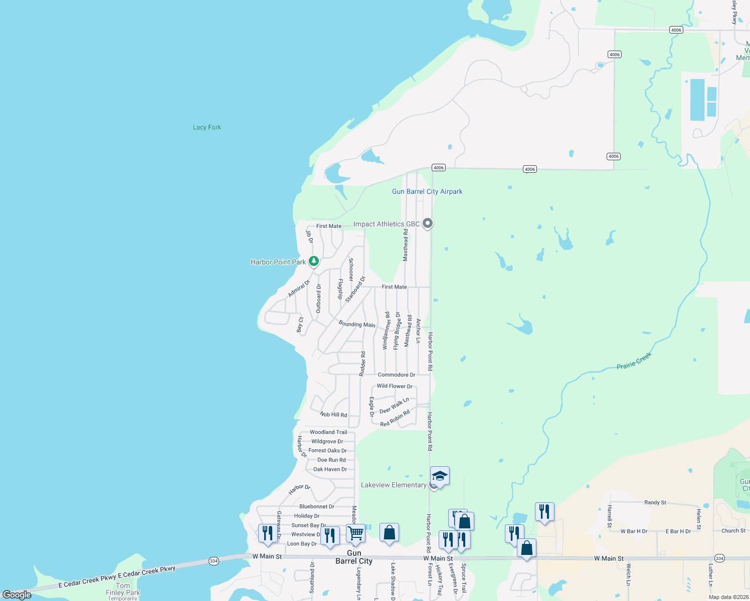 map of restaurants, bars, coffee shops, grocery stores, and more near 322 Backlash Drive in Gun Barrel City