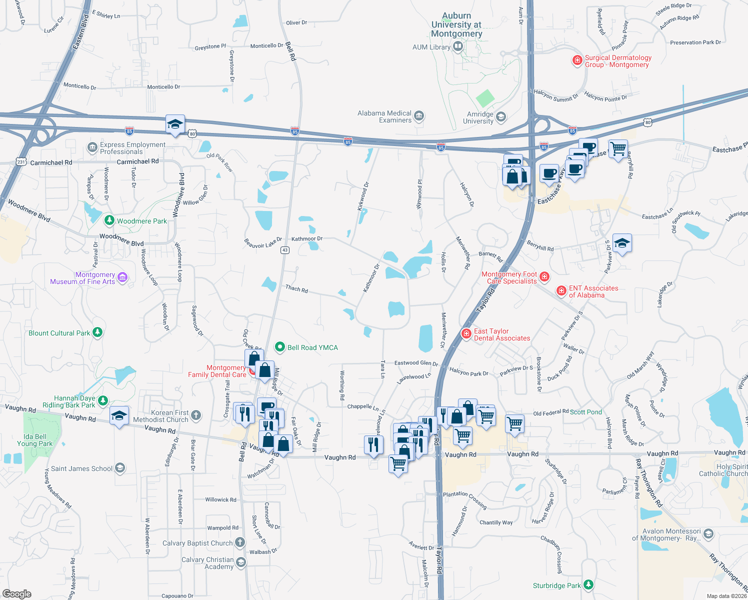 map of restaurants, bars, coffee shops, grocery stores, and more near 6600 Kathmoor Drive in Montgomery