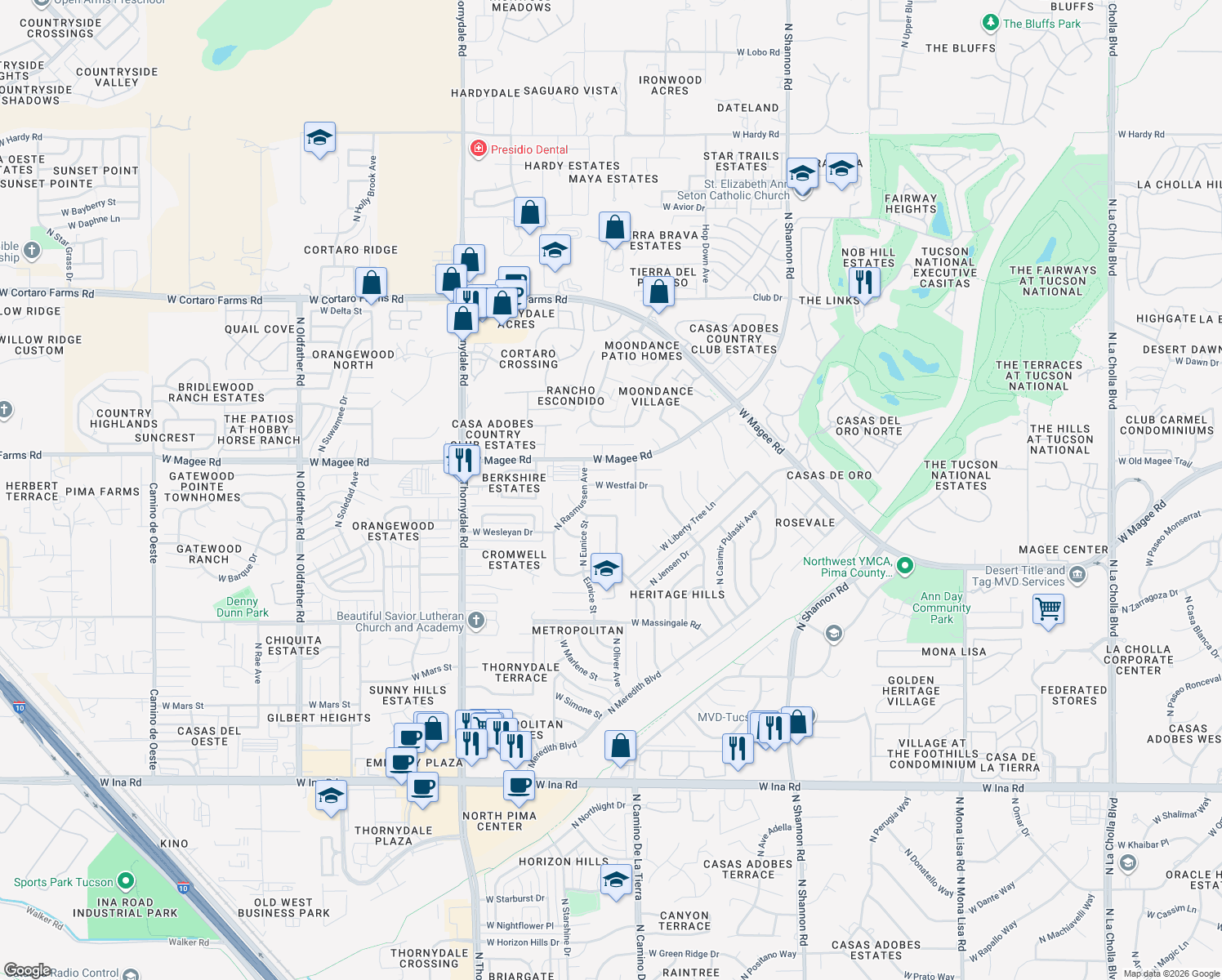 map of restaurants, bars, coffee shops, grocery stores, and more near 3341 West Westfal Drive in Tucson