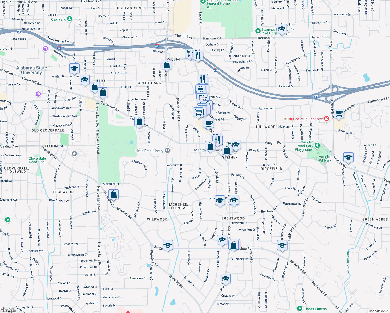 map of restaurants, bars, coffee shops, grocery stores, and more near 2942 Jamestown Dr in Montgomery