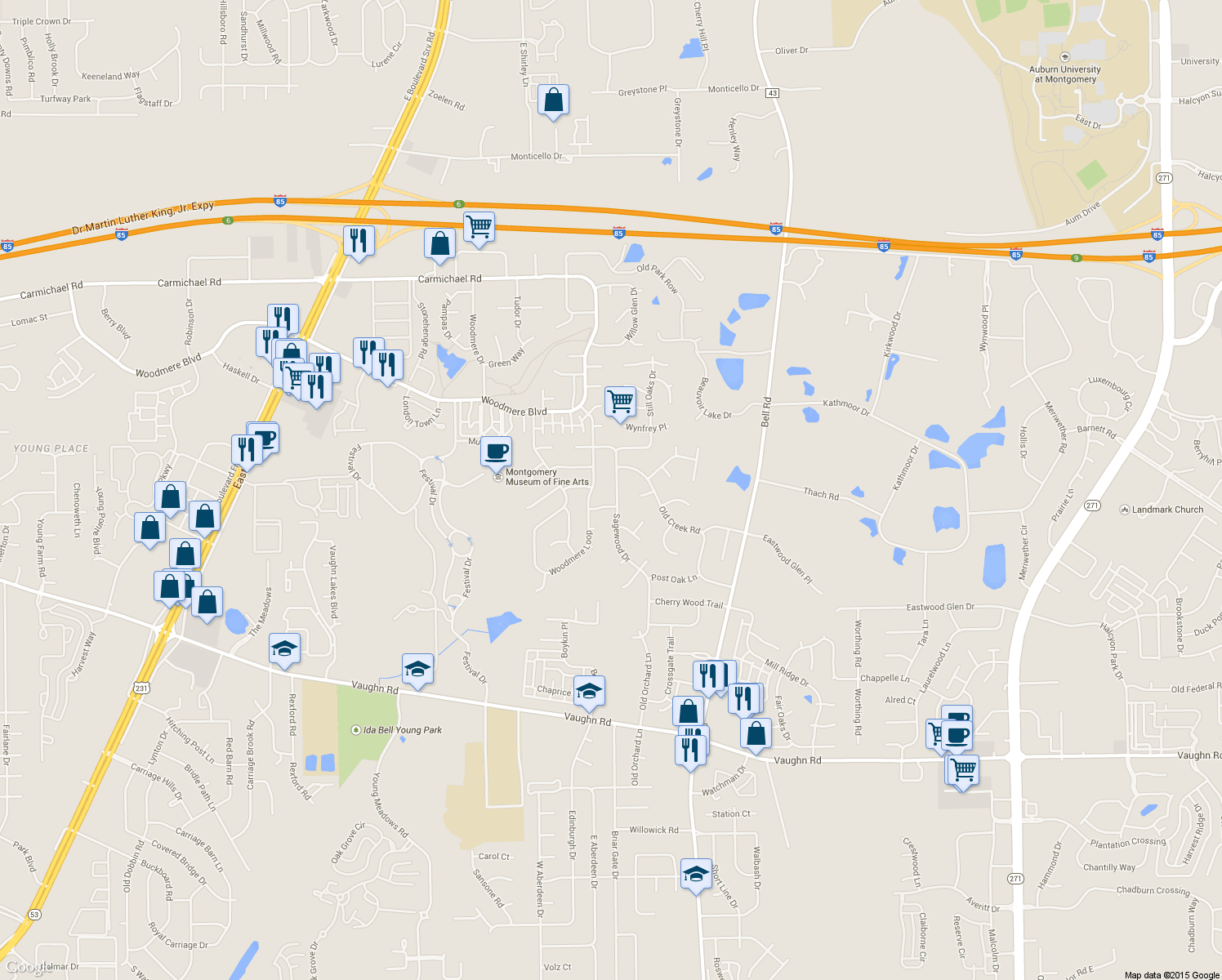 map of restaurants, bars, coffee shops, grocery stores, and more near 2216 Sagewood Drive in Montgomery