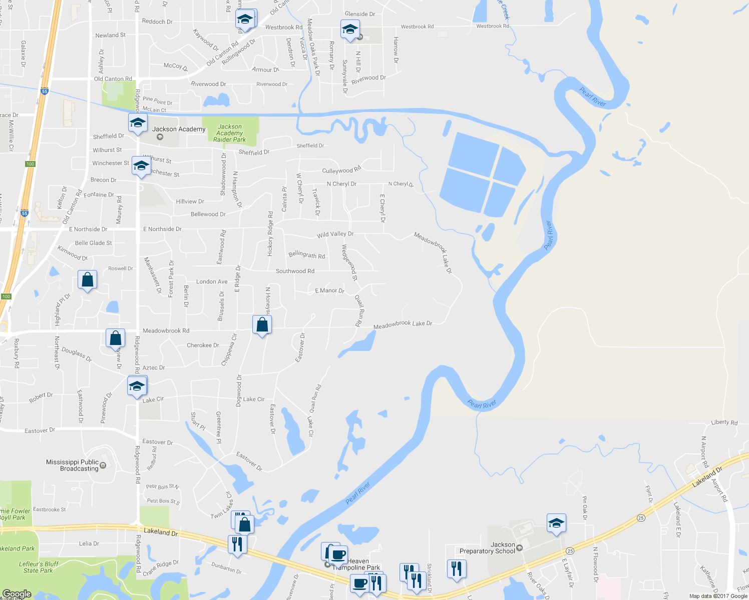 map of restaurants, bars, coffee shops, grocery stores, and more near 4215 Canterbury Ct in Jackson