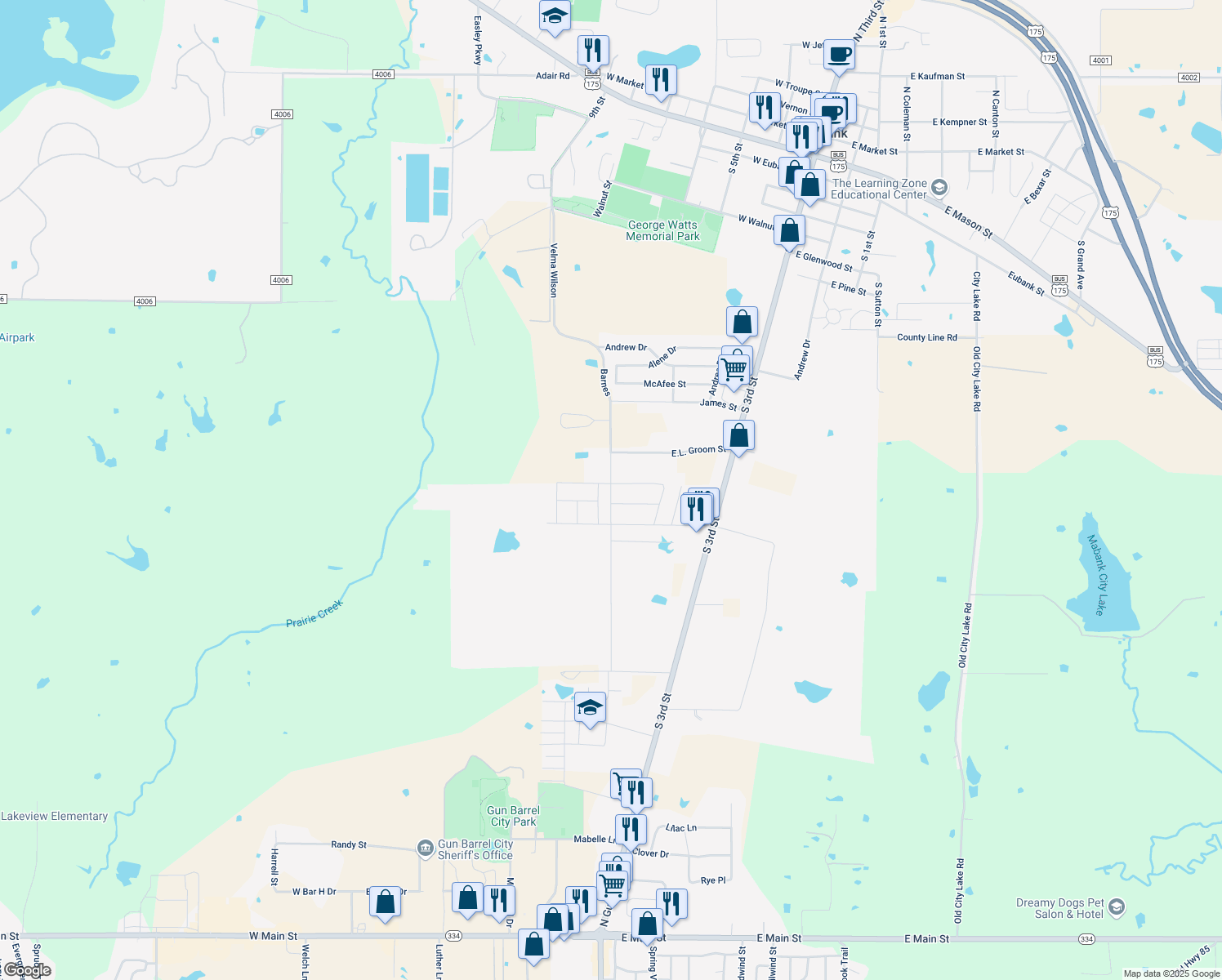 map of restaurants, bars, coffee shops, grocery stores, and more near Cottage Row in Mabank