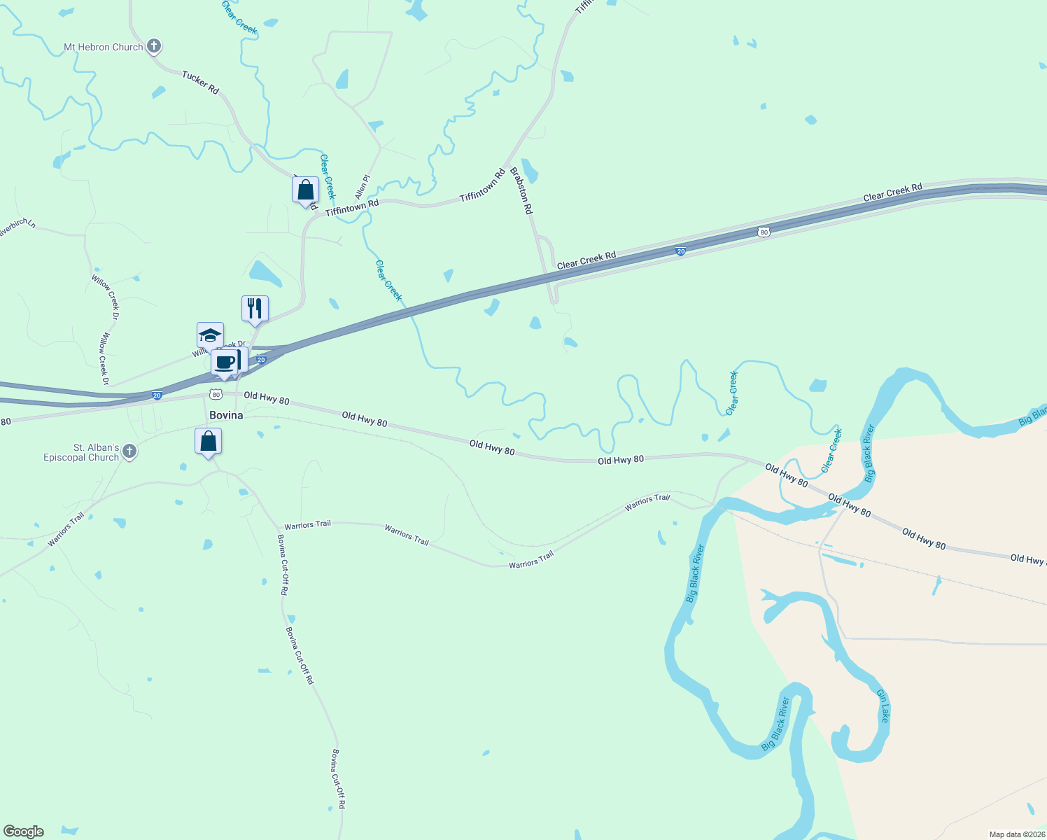 map of restaurants, bars, coffee shops, grocery stores, and more near 111 Virginia Ridge in Vicksburg