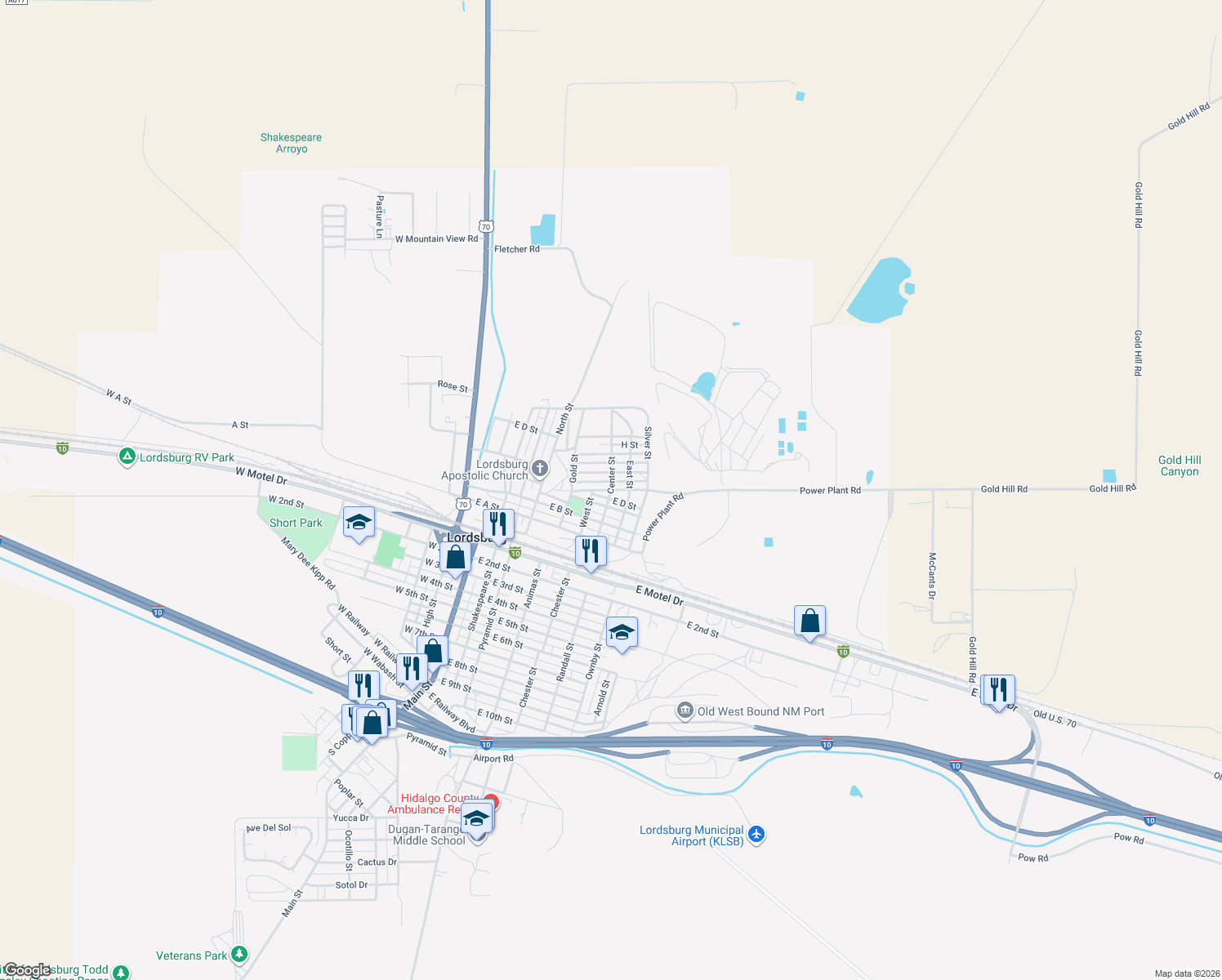 map of restaurants, bars, coffee shops, grocery stores, and more near East E Street in Lordsburg
