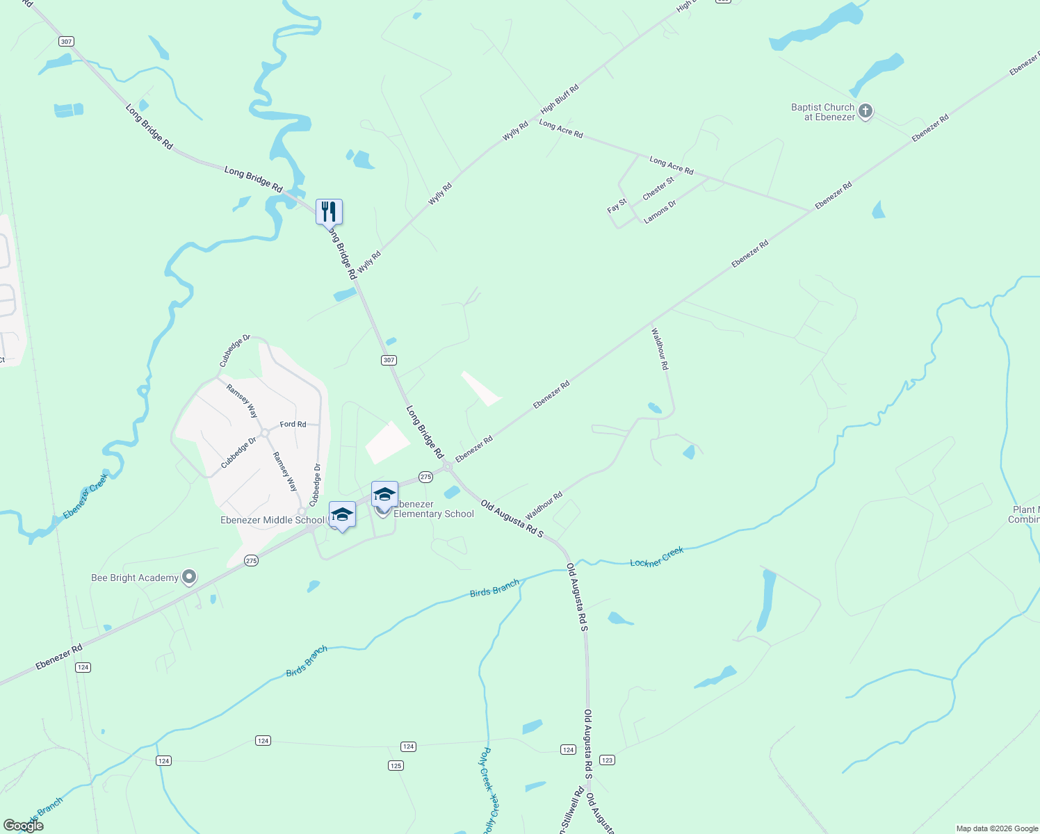 map of restaurants, bars, coffee shops, grocery stores, and more near Ebenezer Rd in Rincon